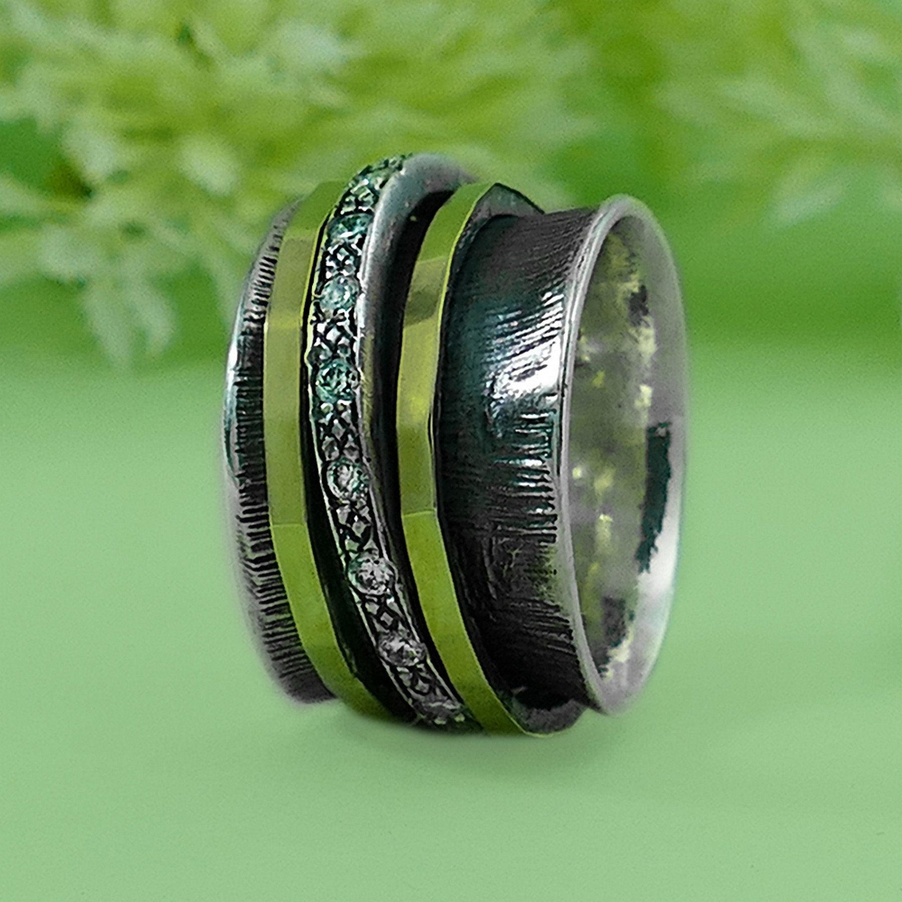 Unique Two Tone Spinner Ring 1.6 Carat White Cubic Zirconia Stone Solid 9k Yellow Gold and 925 Sterling Silver,Oxidized Silver Fidget ring
