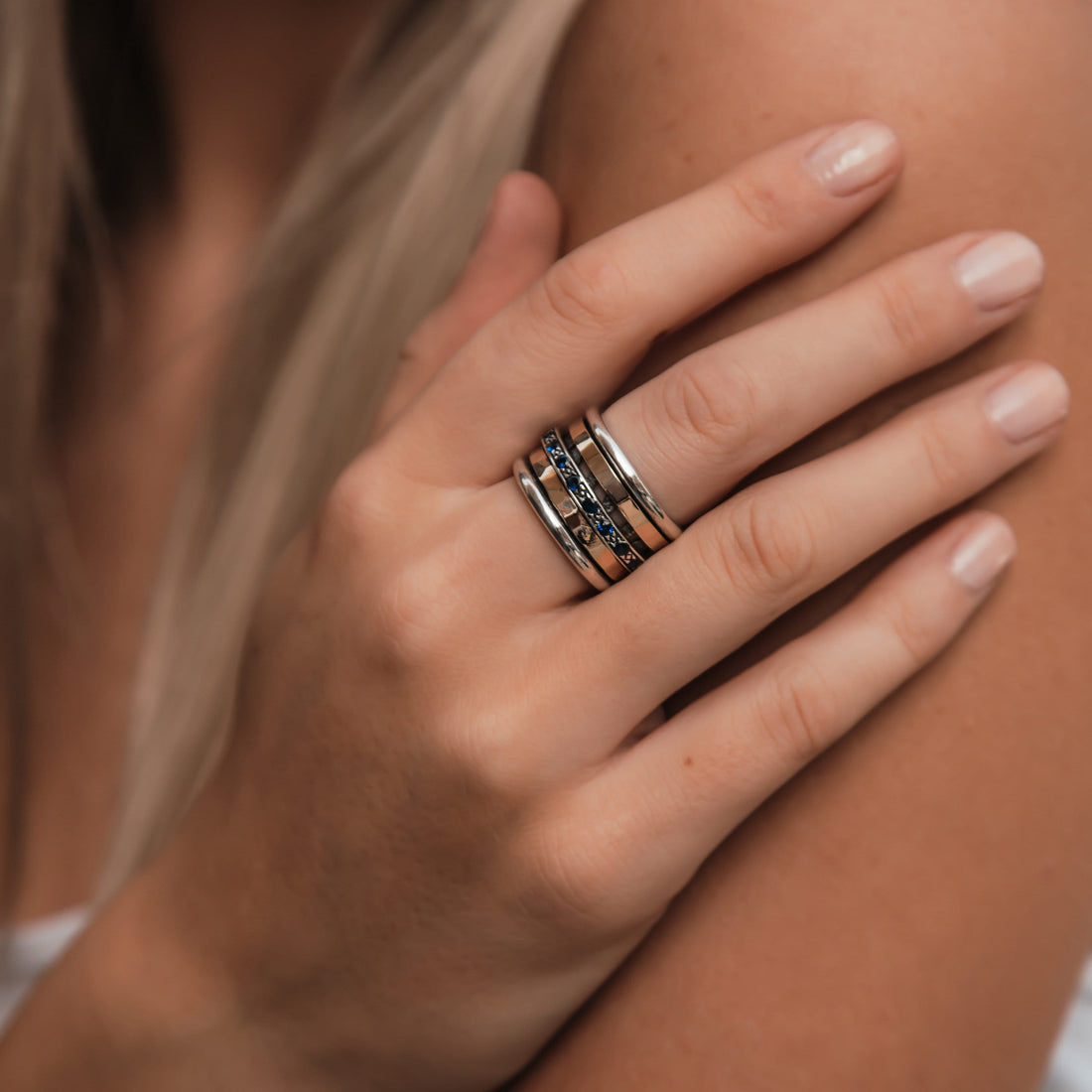 Natural Blue Sapphire Gemstone Two Tone Solid 9k Yellow Gold & 925 Sterling Silver Spinner Ring