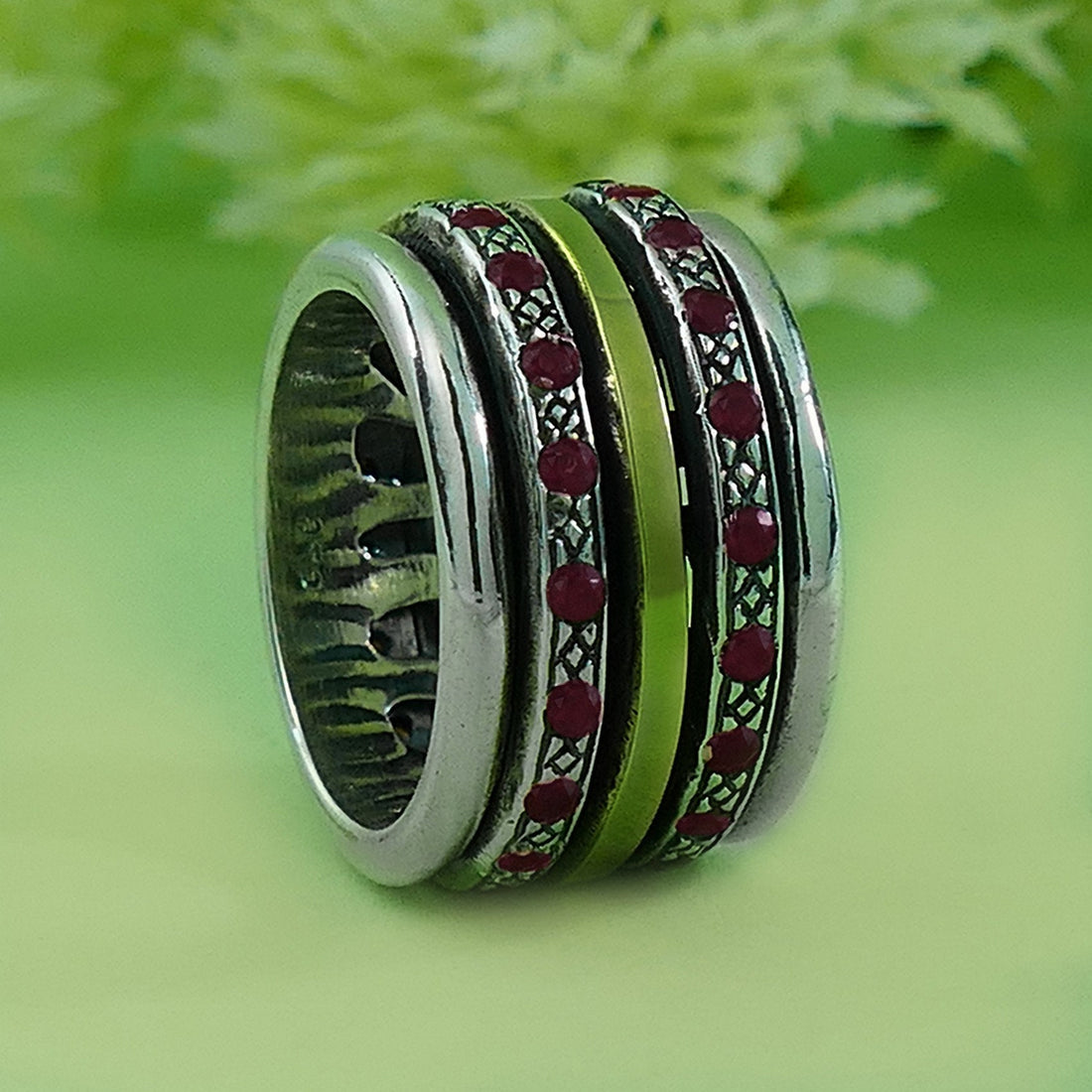 3.2 Carat Natural Crystal Quartz Red Garnet Gemstone Gold Spinner Ring Two Tone Solid 9k Yellow Gold & 925 Sterling Silver Mixed Metal Ring