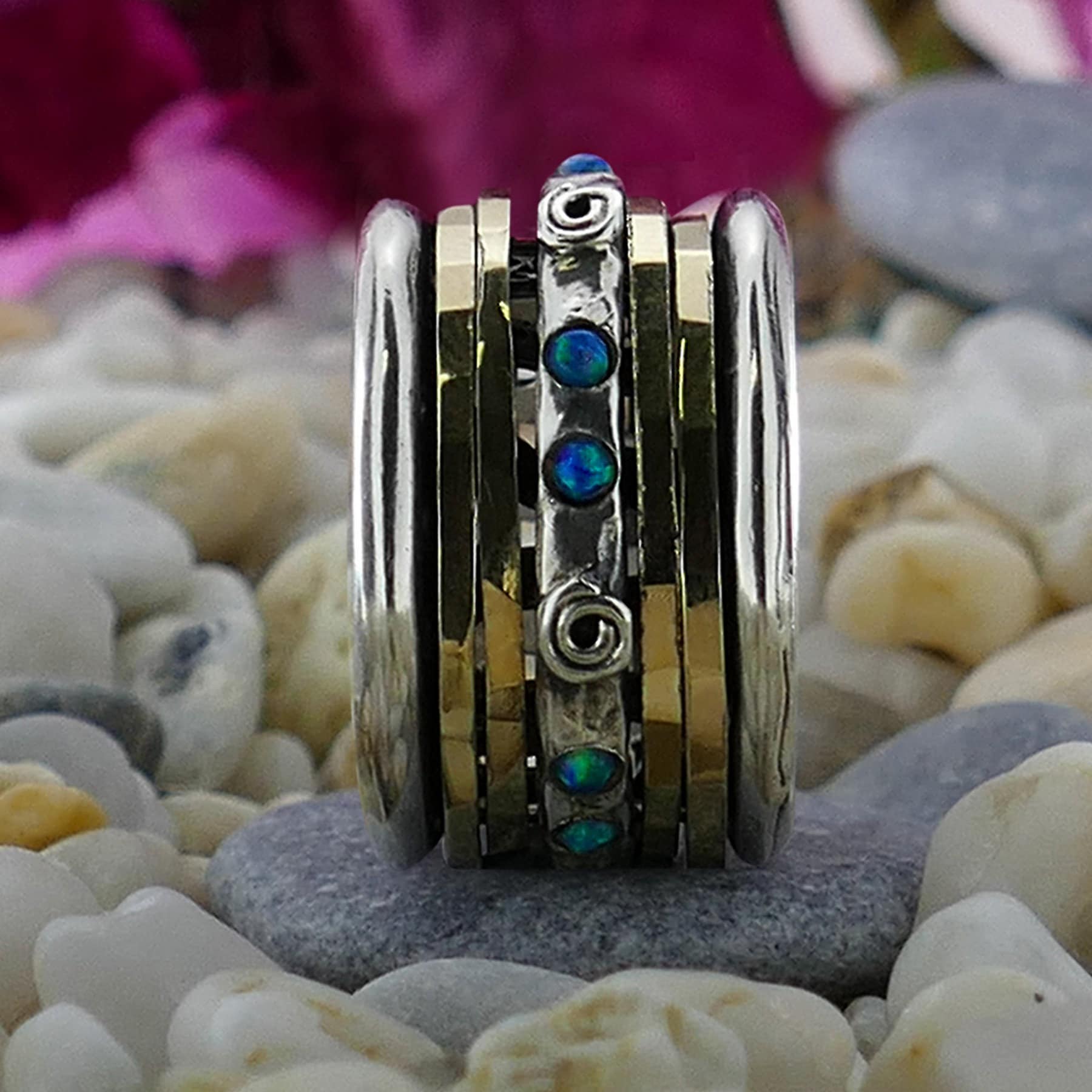 Handmade Blue Opal Stone Spinner Ring – 9k Gold & Silver Gemstone Ring