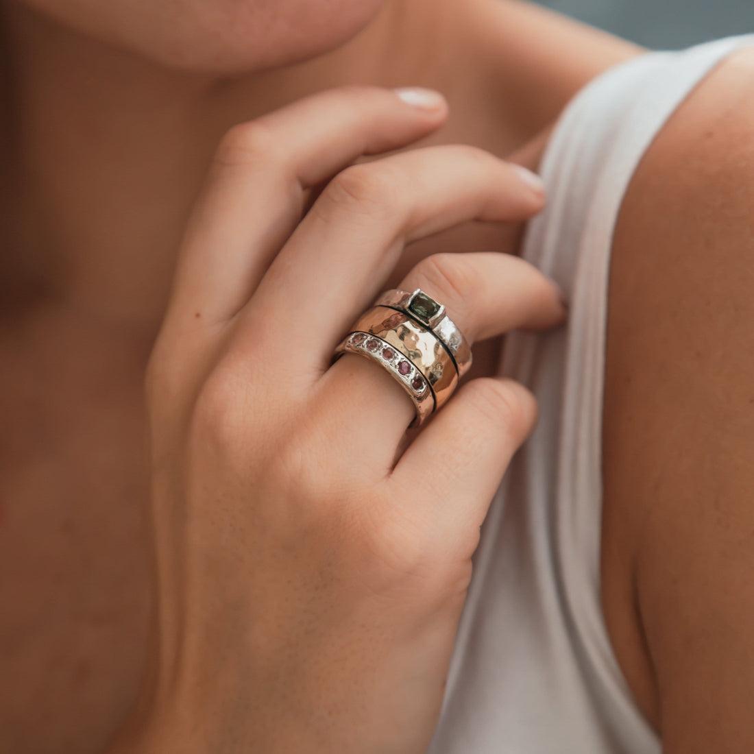 Handmade Ladies Spinner Ring – Tourmaline in Gold & Silver Design