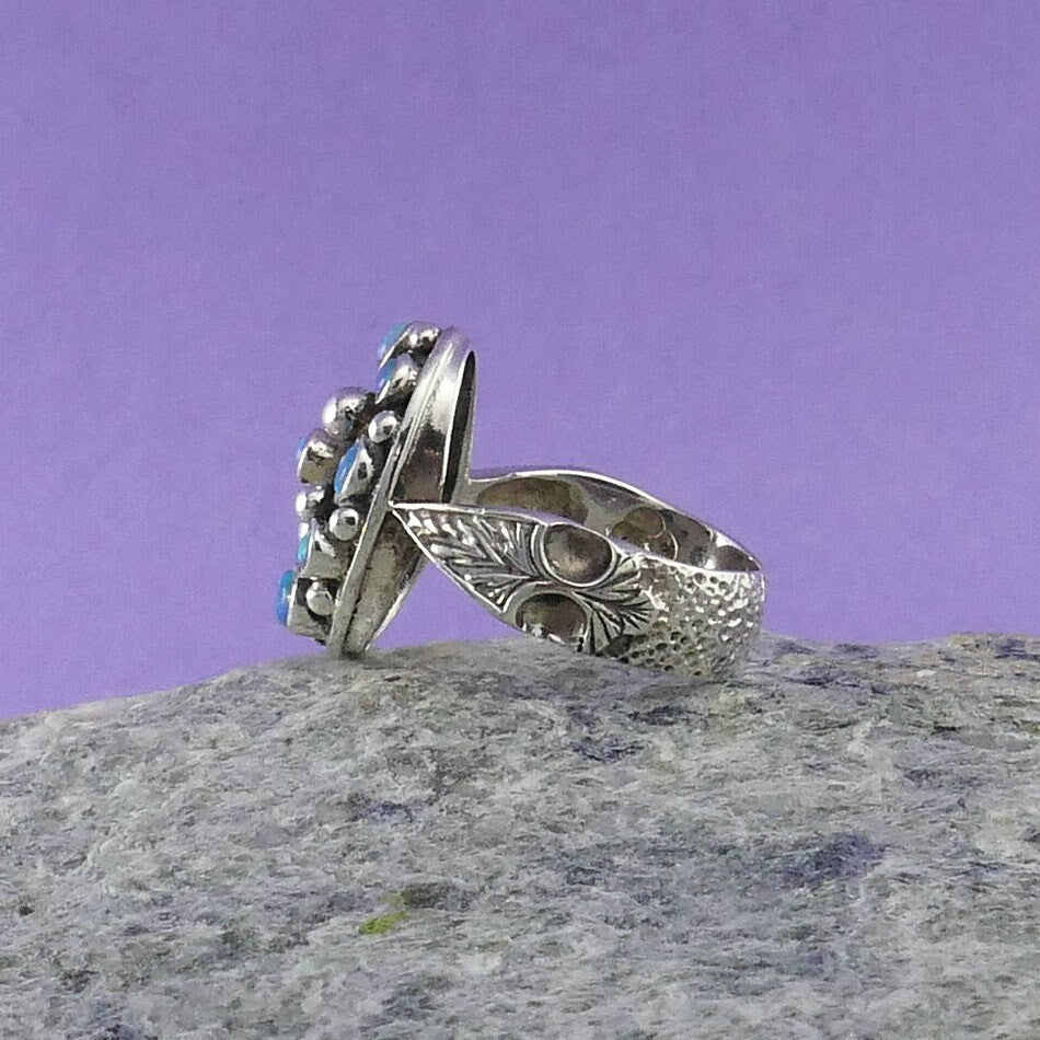 Unique Vintage Blue Opal Statement Ring 925 Oxidied Sterling Silver