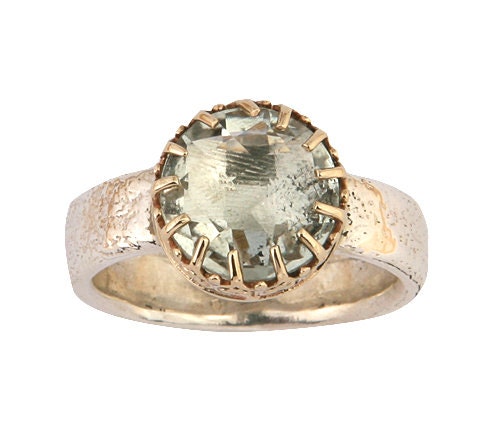 3.5 Carat Natural Green Amethyst Gemstone Two Tone Solid 9k Yellow Gold & 925 Sterling Silver Solitaire Ring Gemstone ring,Mixed metal ring