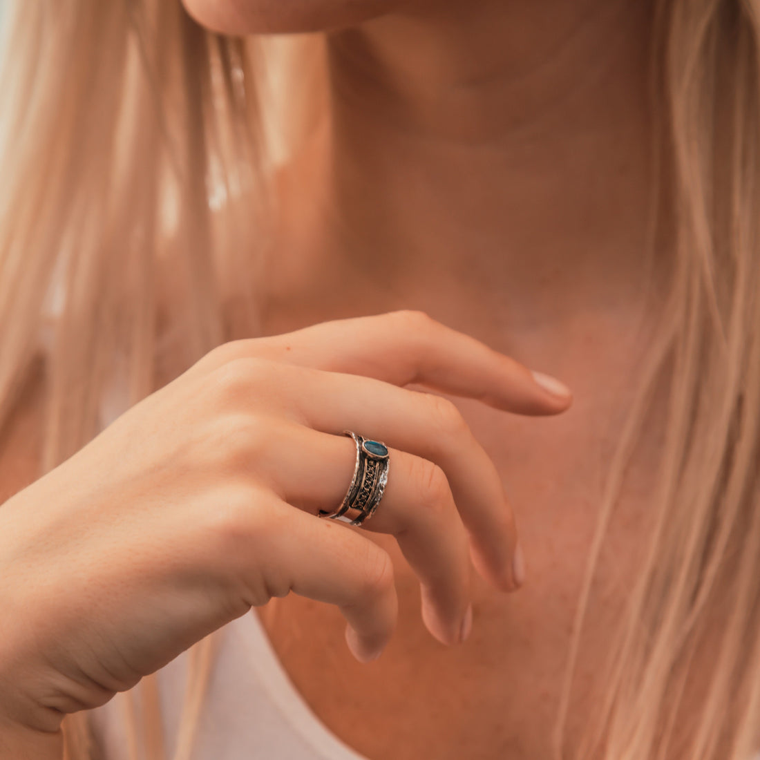 Opal Mixed Metal Ring 0.5 Carat Blue Opal Stone Two Tone Solid 9k Yellow Gold & 925 Sterling Silver Solitaire Ring Set Setting Gemstone Ring