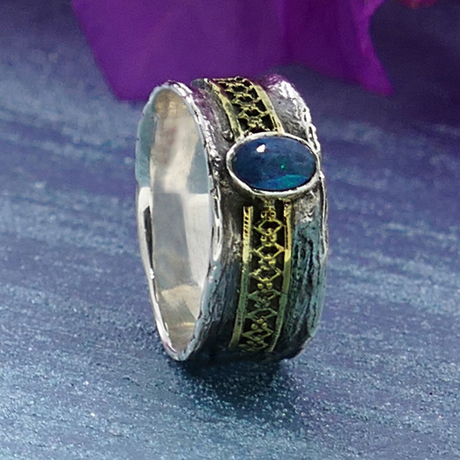 Opal Mixed Metal Ring 0.5 Carat Blue Opal Stone Two Tone Solid 9k Yellow Gold & 925 Sterling Silver Solitaire Ring Set Setting Gemstone Ring