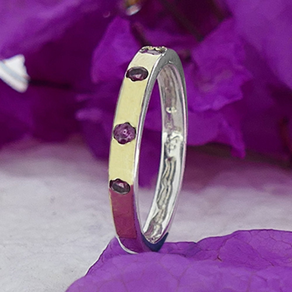Pink Tourmaline Two Tone Stackable Ring Solid 9 Karar Yellow Gold and 925 Sterling Silver