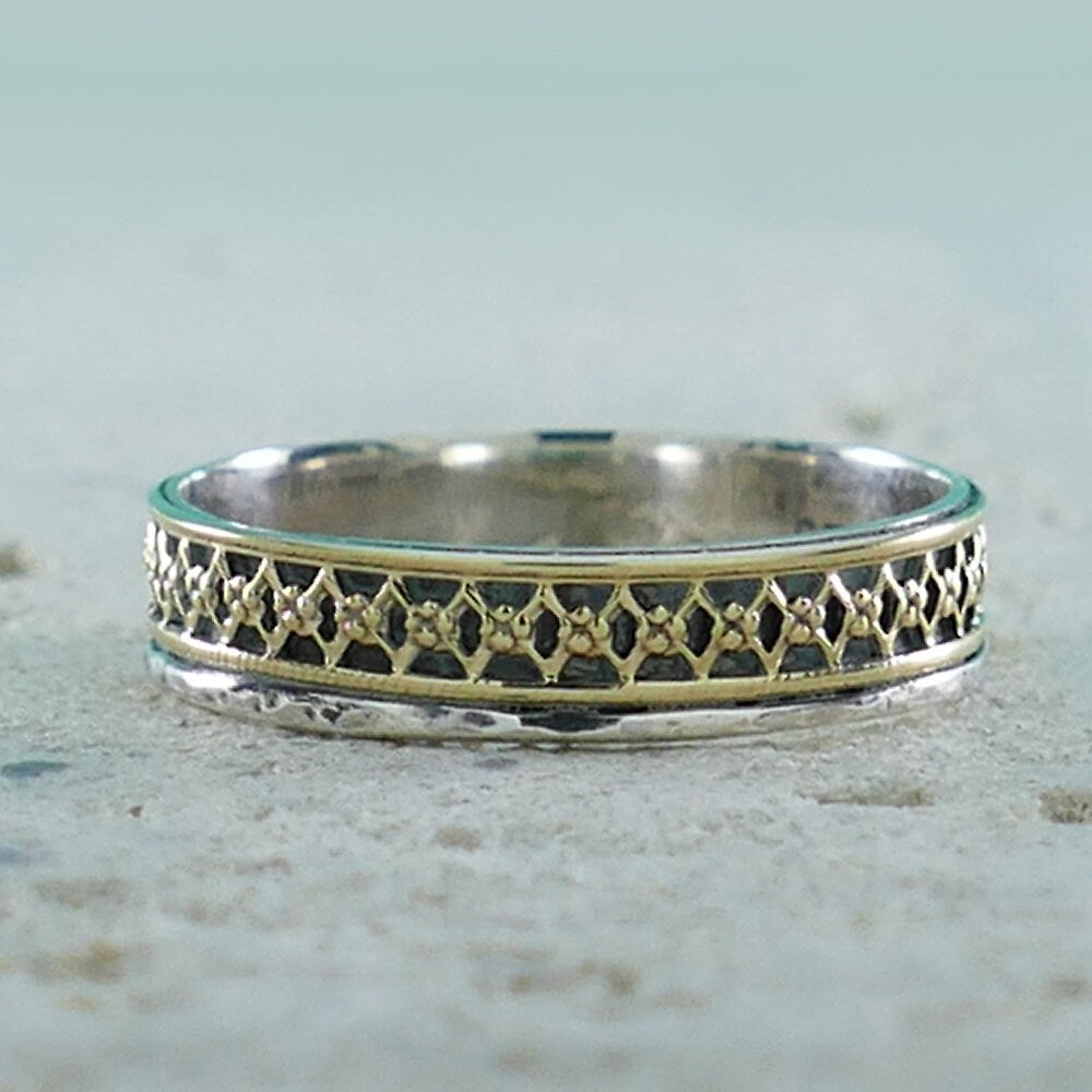 SPIRA Handcrafted Vintage Design Two Tone Solid 9k Yellow Gold&925 Sterling Silver Band Ring Wedding band Engagement ring Mixed metal ring
