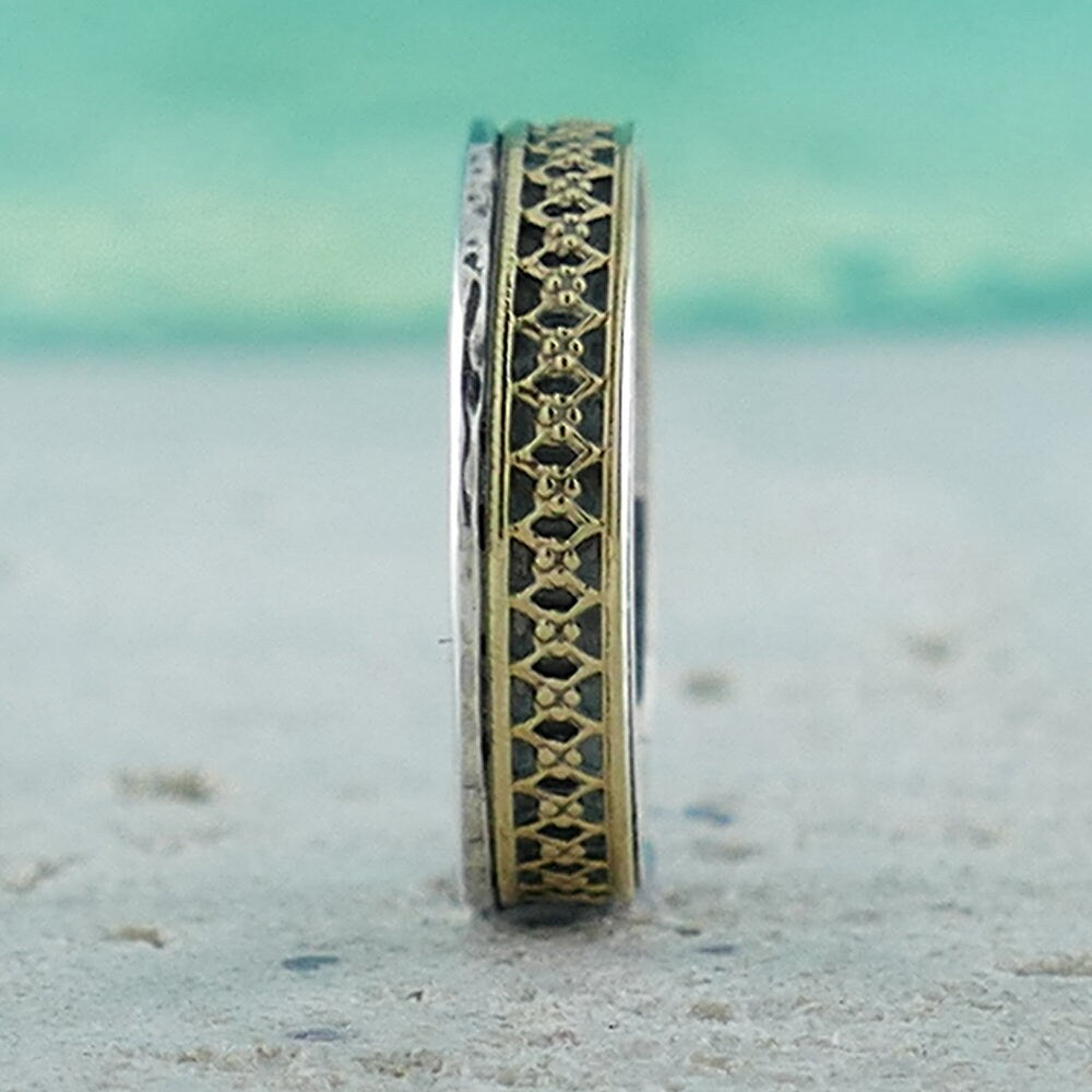 SPIRA Handcrafted Vintage Design Two Tone Solid 9k Yellow Gold&925 Sterling Silver Band Ring Wedding band Engagement ring Mixed metal ring