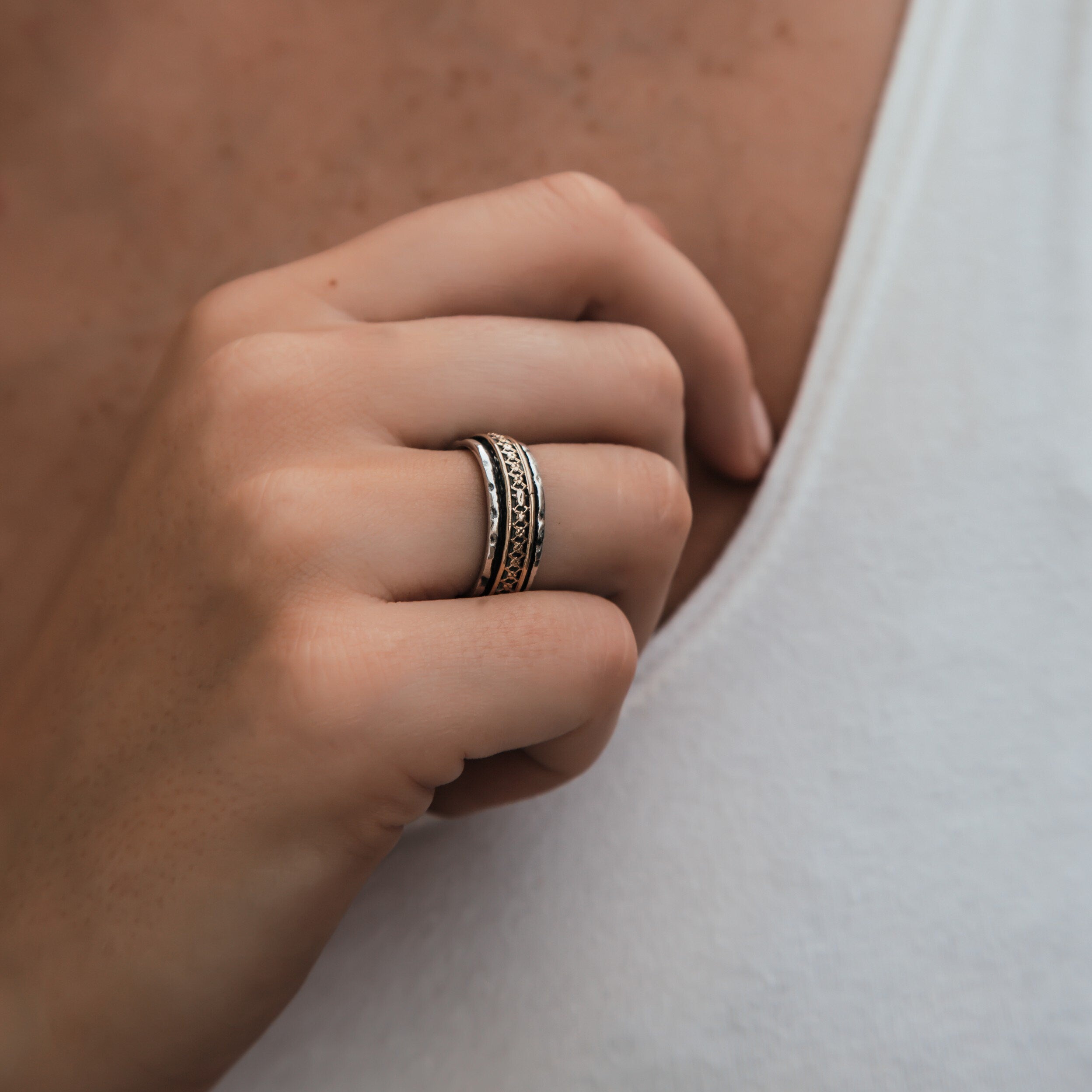 SPIRA Handcrafted Engagement ring Vintage Design Two Tone Solid 9k Yellow Gold & 925 Sterling Silver Band Ring Mixed metal ring Wedding ring