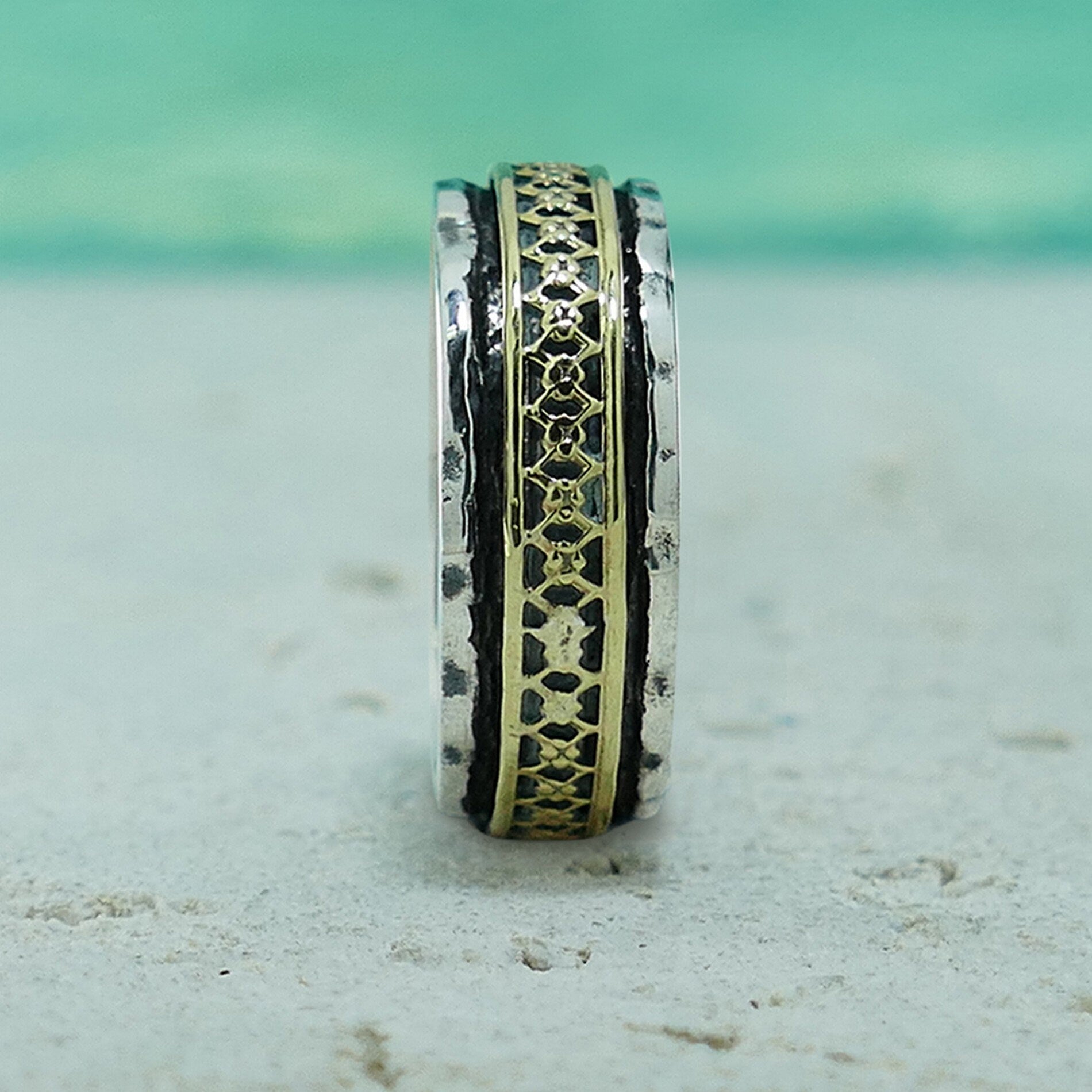 SPIRA Handcrafted Engagement ring Vintage Design Two Tone Solid 9k Yellow Gold & 925 Sterling Silver Band Ring Mixed metal ring Wedding ring