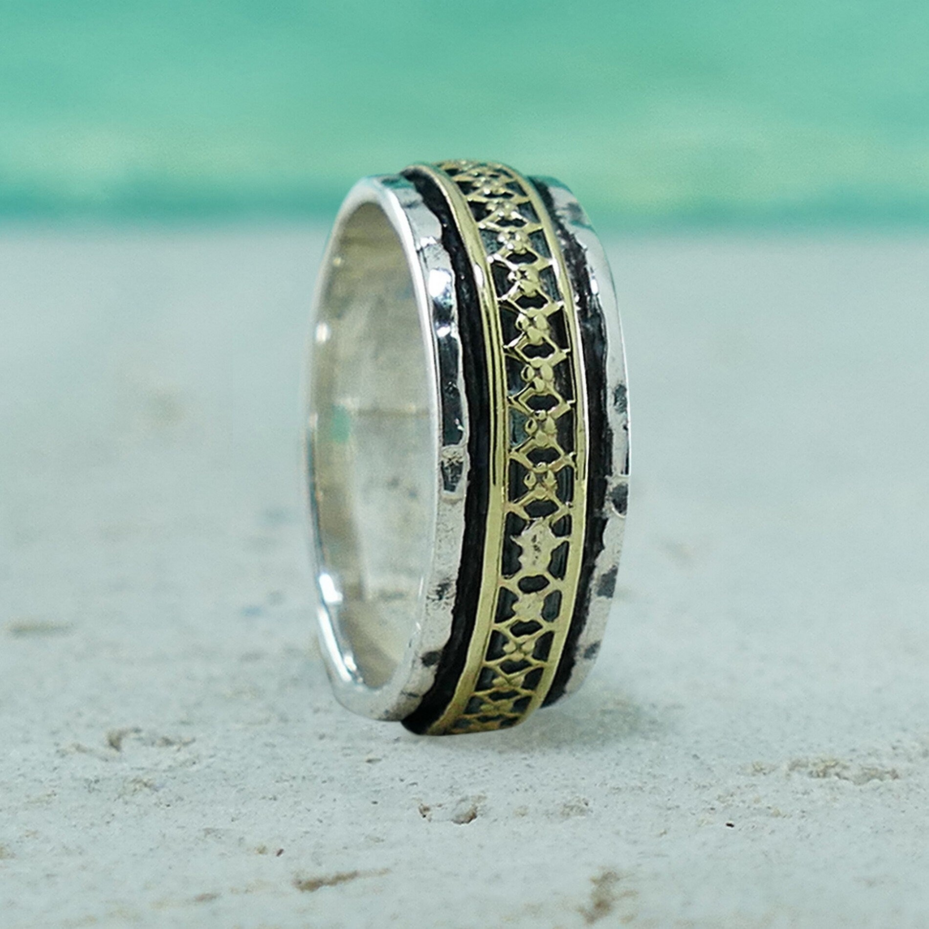 SPIRA Handcrafted Engagement ring Vintage Design Two Tone Solid 9k Yellow Gold & 925 Sterling Silver Band Ring Mixed metal ring Wedding ring