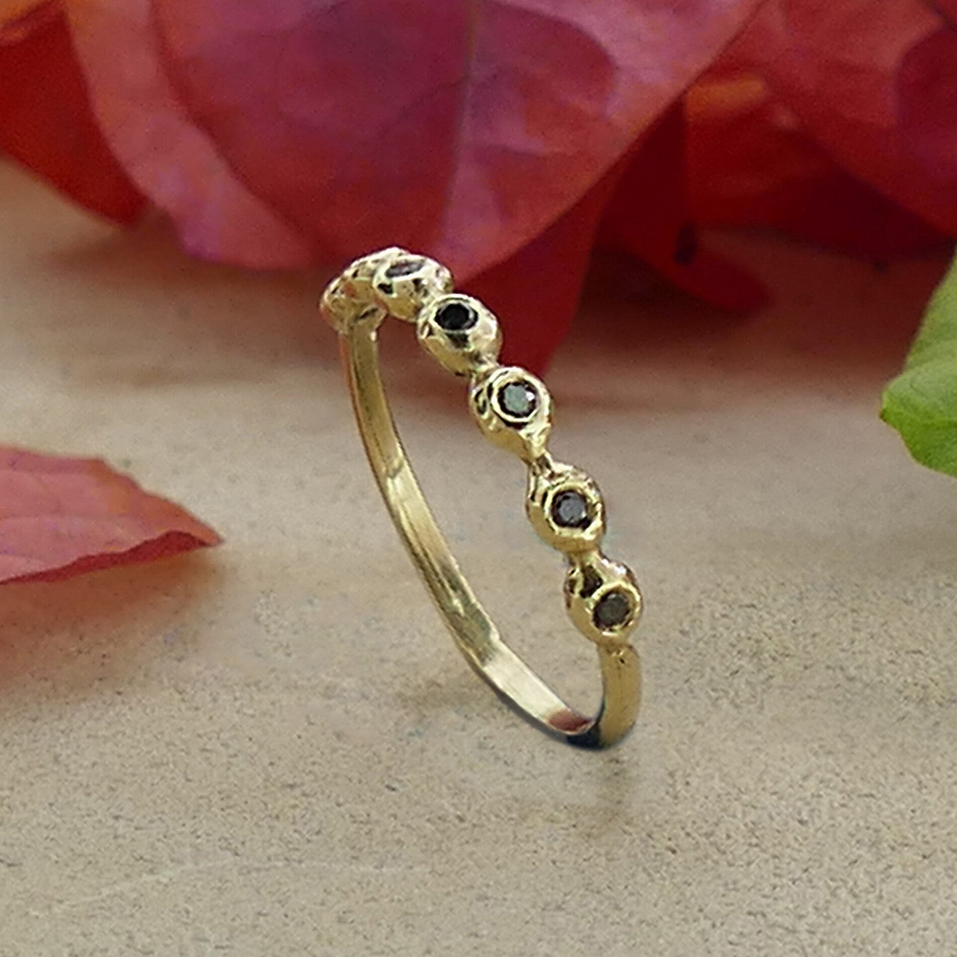Engagement ring 0.56 Carat Natural Round Black Diamond Solid 14k Yellow Gold Stackable Ring Set Setting, Diamond Comfort Fit Band Minimalist