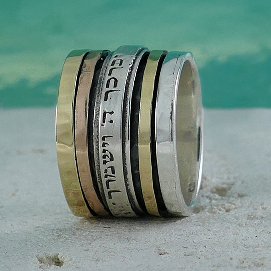 SPIRA Handcrafted Contemporary Design Two Tone Solid 9k Yellow and Rose Gold And 925 Sterling Silver Spinner Ring, Jewish ring, Large ring