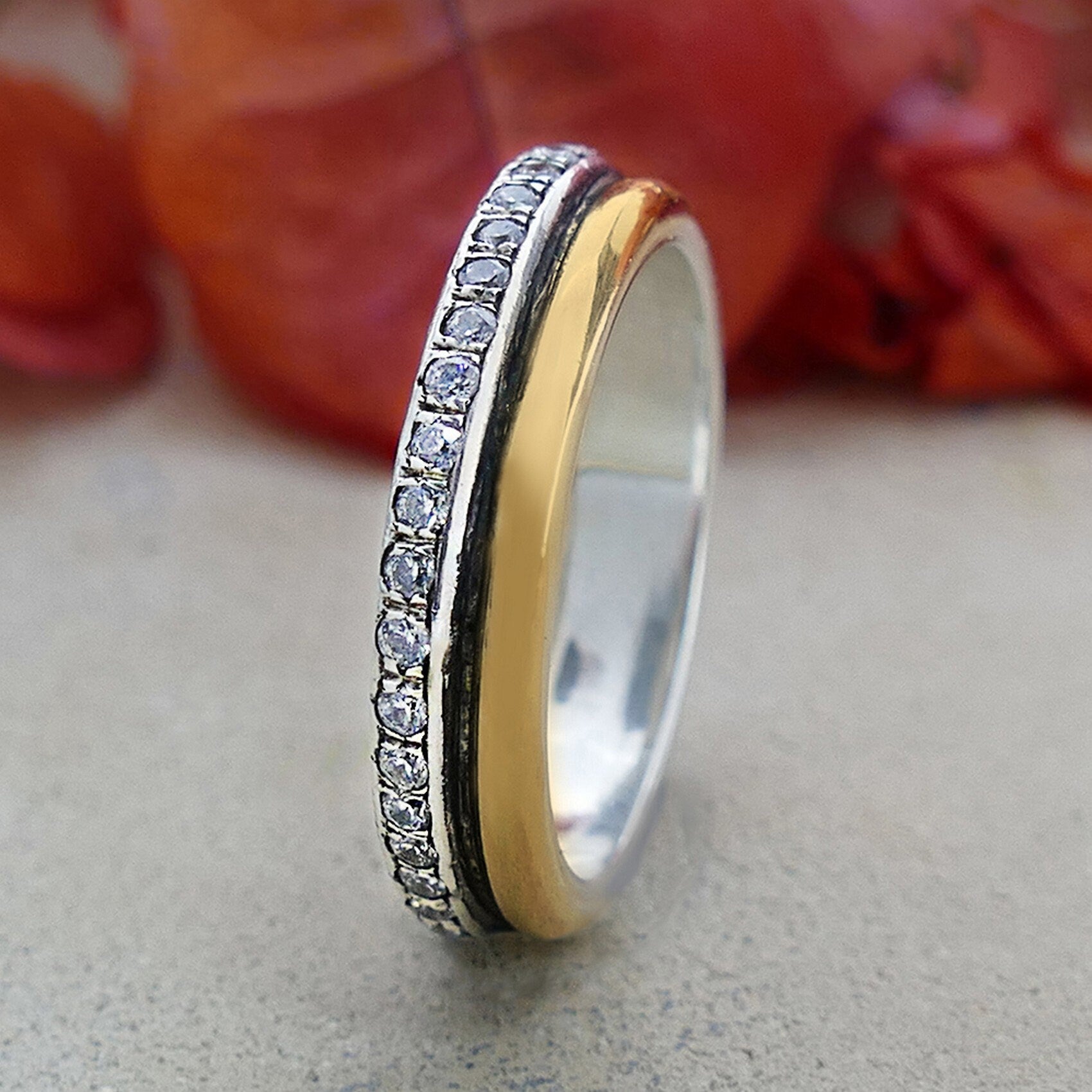Engagement ring Two Tone Solid 9k Yellow Gold & 925 Sterling Silver Band 3.2 Carat White Cubic Zirconia Stone Ring Setting, Mixed metal ring