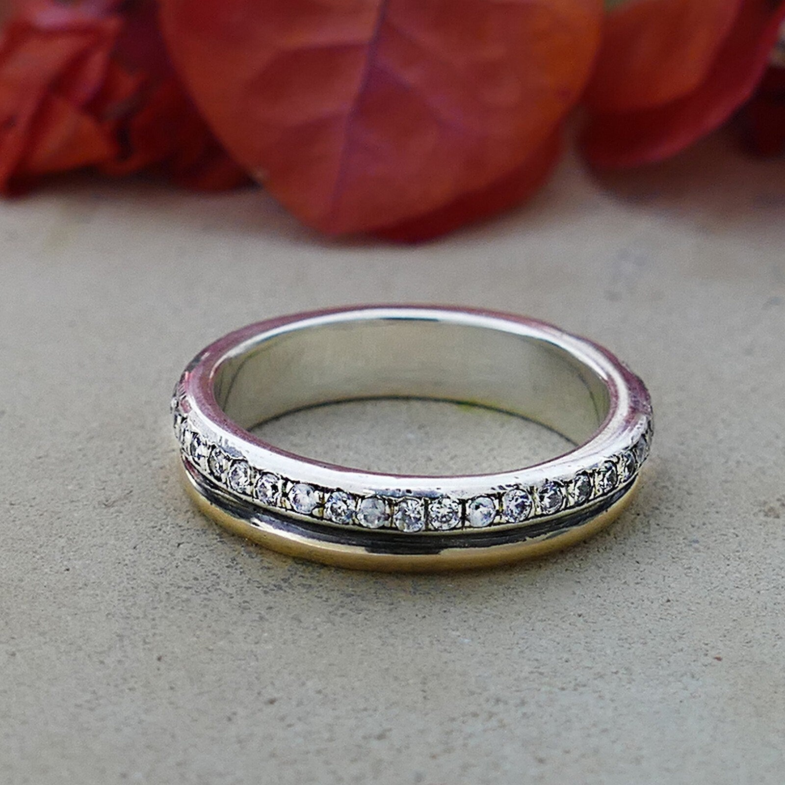 Engagement ring Two Tone Solid 9k Yellow Gold & 925 Sterling Silver Band 3.2 Carat White Cubic Zirconia Stone Ring Setting, Mixed metal ring