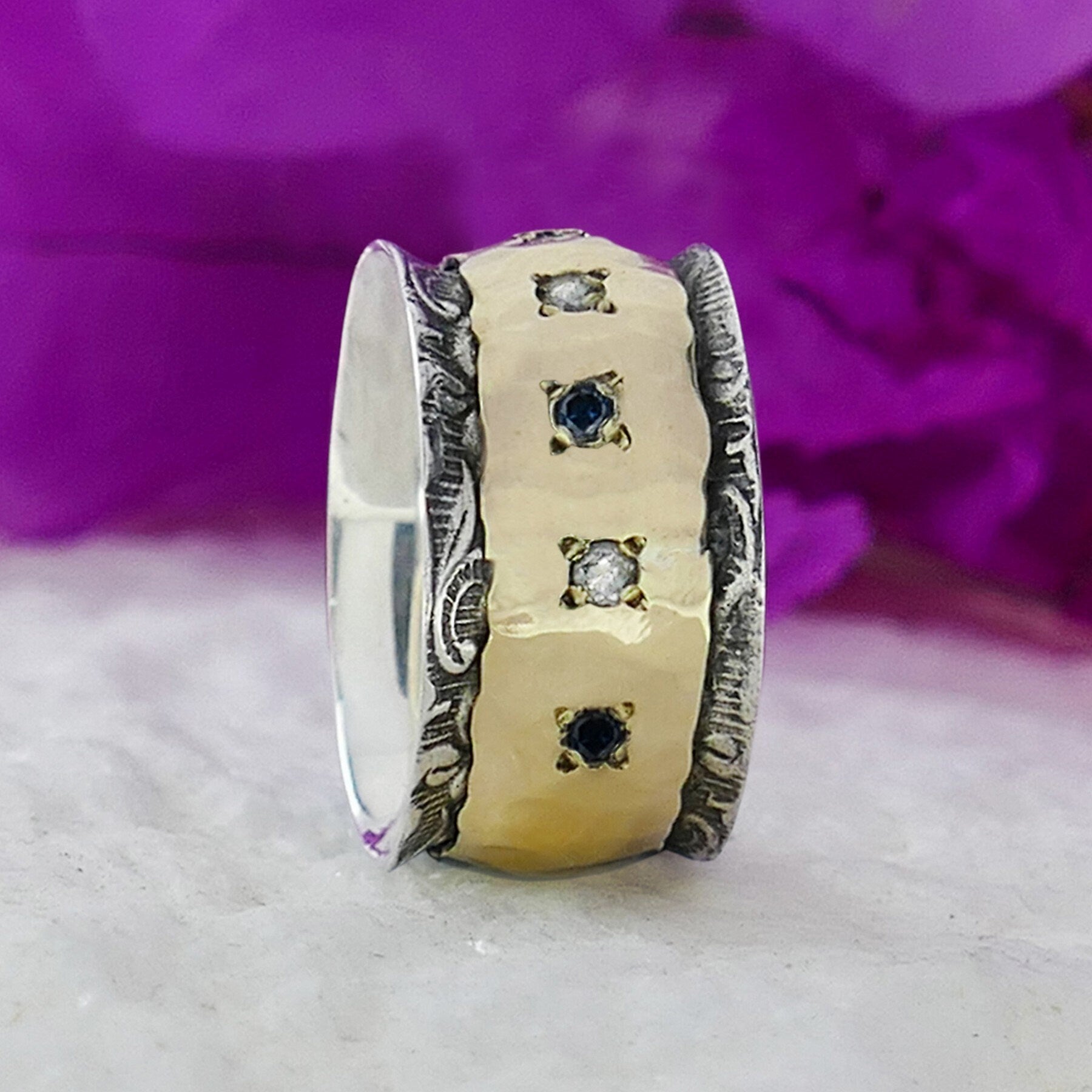 0.4 Carat Natural Round Multi-Color Diamond Two Tone Solid 9k Yellow Gold&925 Sterling Silver Cocktail Ring Gemstone ring Mixed metal ring