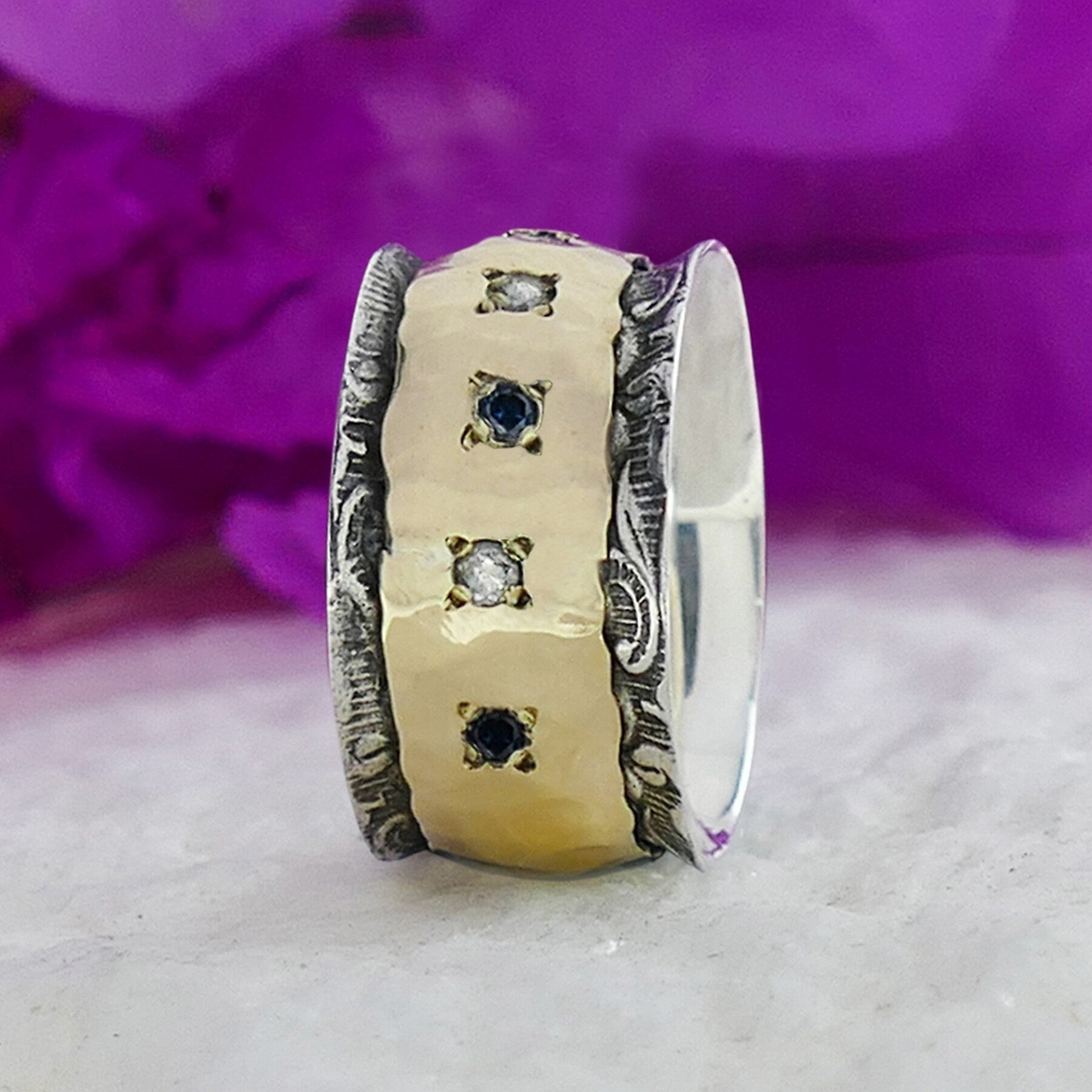 0.4 Carat Natural Round Multi-Color Diamond Two Tone Solid 9k Yellow Gold&925 Sterling Silver Cocktail Ring Gemstone ring Mixed metal ring