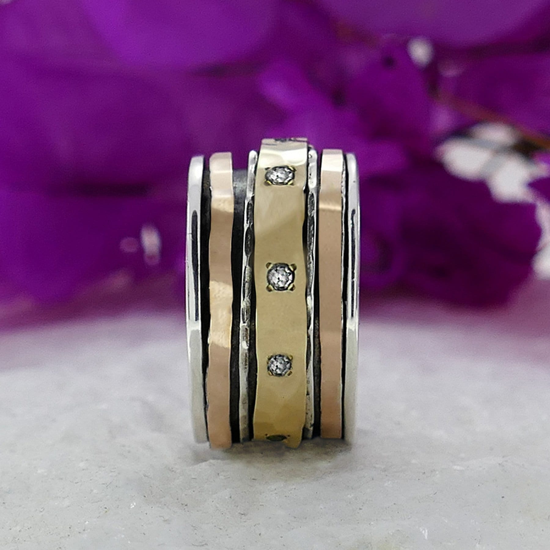 Unique Mixed Metal Spinner Ring Cubic Zirconia Stone Two Tone Solid 9k Yellow and Rose Gold 925 Sterling Silver Set Setting, Bohemian ring