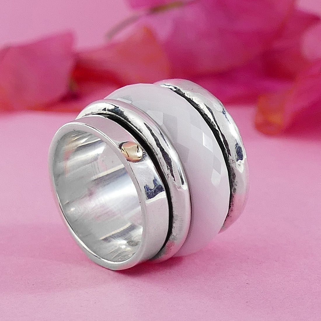 SPIRA Handcrafted Two Tone Solid 9k Yellow Gold & 925 Sterling Silver Ceramic Spinner Ring, Gypsy ring, Bohemian ring, Unique Hippie ring