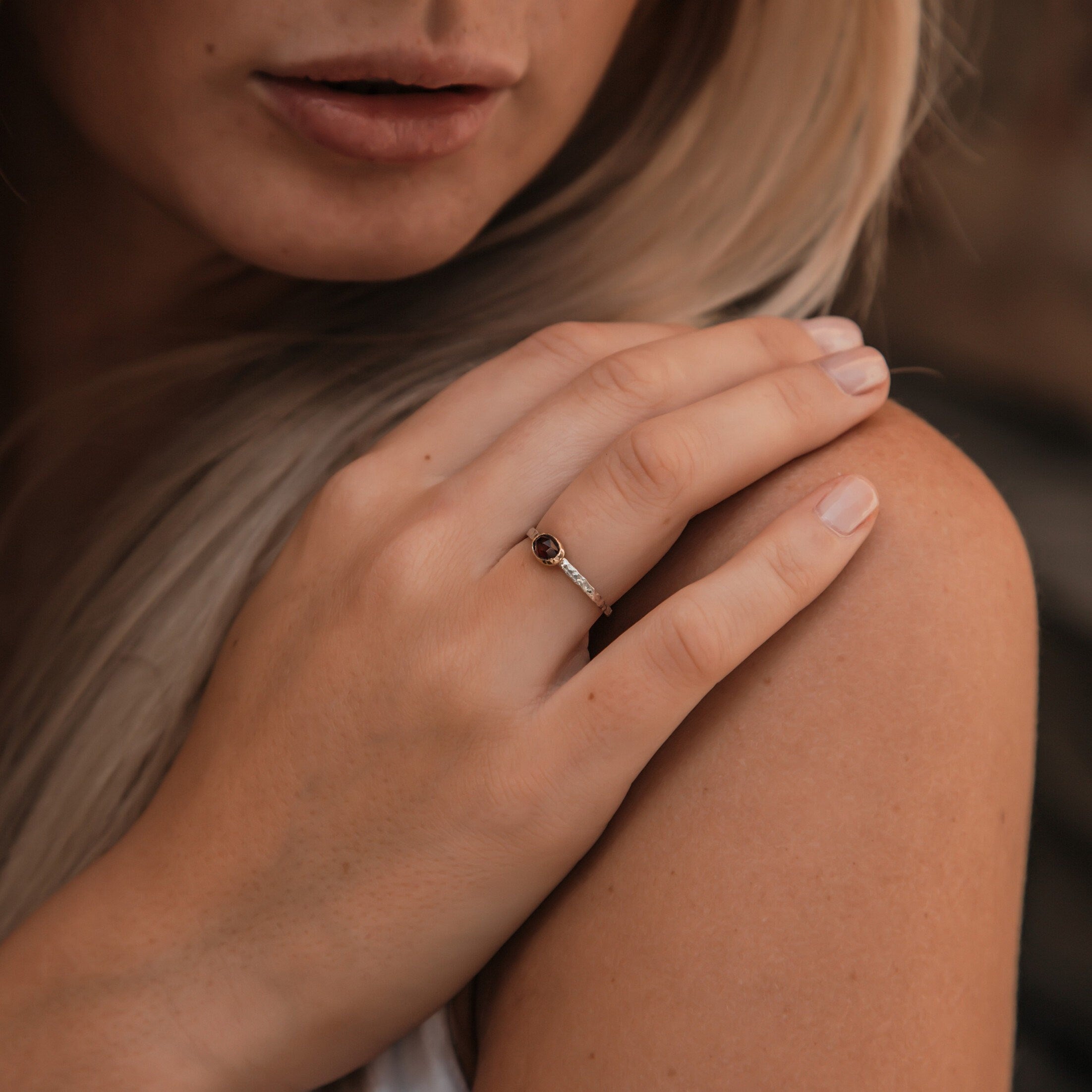 0.6 Carat Red Garnet, Two Tone 9k Gold & 925 Silver, Oval Solitaire Ring