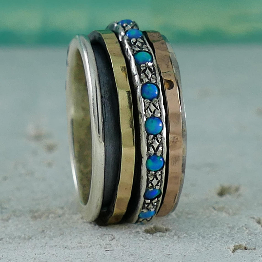 Blue Opal Gemstone, 925 Sterling Silver, 9k Yellow & Rose Gold Spinner Ring Set