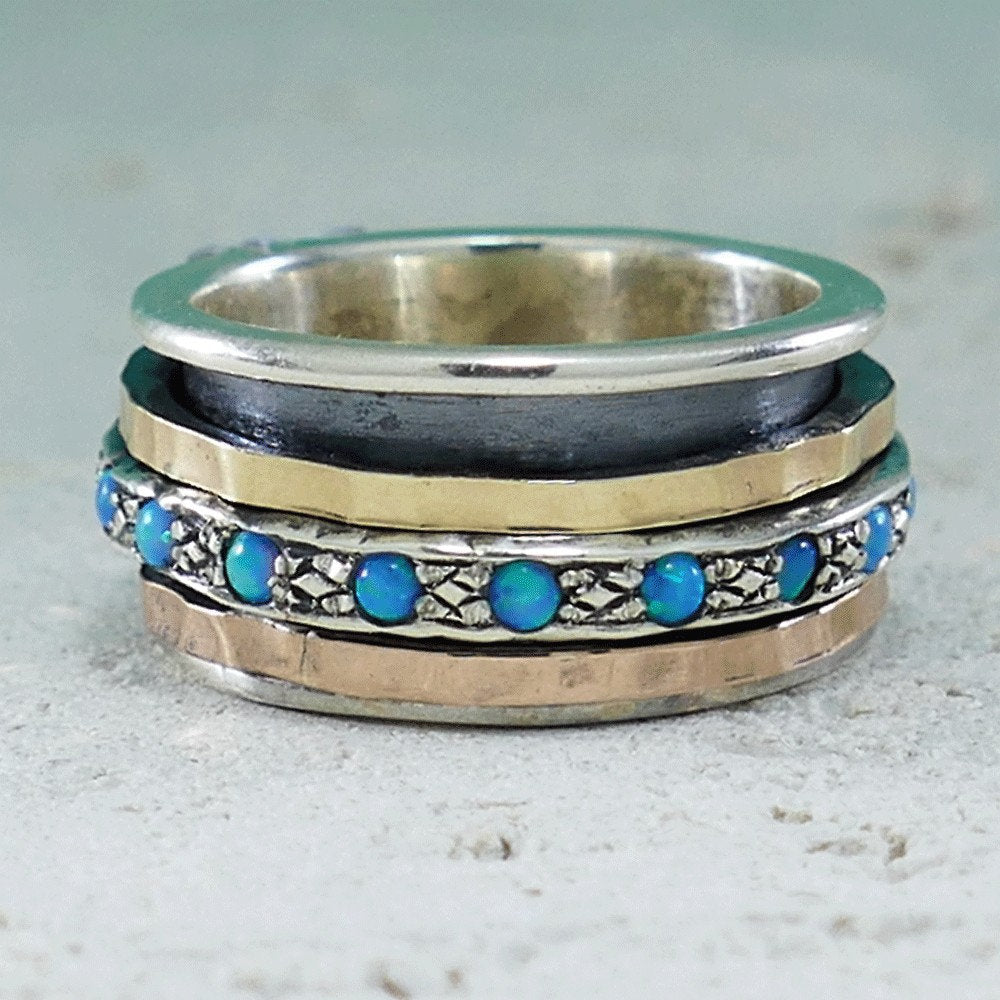 Blue Opal Gemstone, 925 Sterling Silver, 9k Yellow & Rose Gold Spinner Ring Set