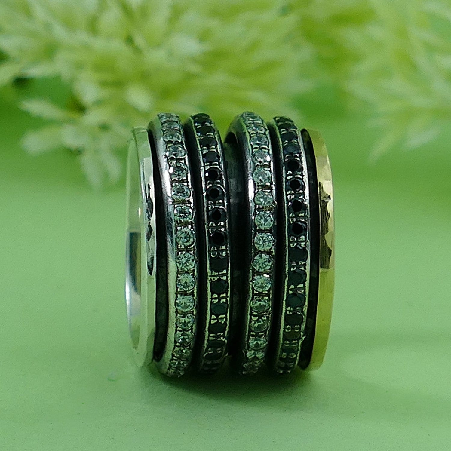 Mixed Metal Spinner Ring Cubic Zirconia And Black Spinel Gemstone Two Tone Solid 9k Yellow Gold & 925 Sterling Silver
