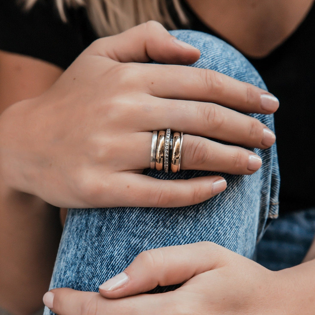 White Cubic Zirconia Stone Two Tone Solid 9k Yellow Gold & 925 Sterling Silver Spinner Ring, Two-Tone Mixed Metal Ring - Gold Spinner Ring with Cubic Zirconia Stone