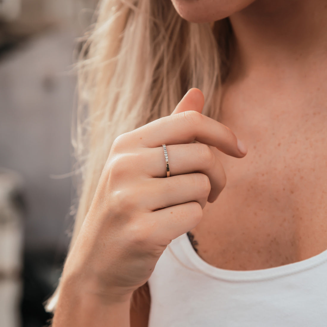 Engagement ring Mix metal ring Two Tone Solid 9k Yellow Gold&925 Sterling Silver Unique Stackable Ring 0.64Carat White Cubic Zirconia Stone