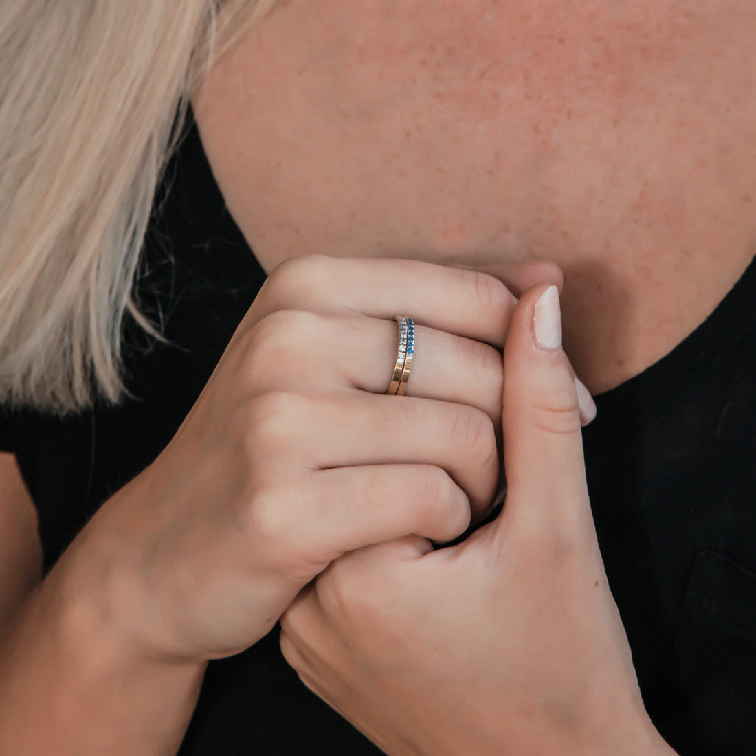 0.64 Carat Natural Blue Sapphire Gemstone Mixed metal ring Two Tone Solid 9k Yellow Gold&925 Sterling Silver Stackable Ring Engagement ring