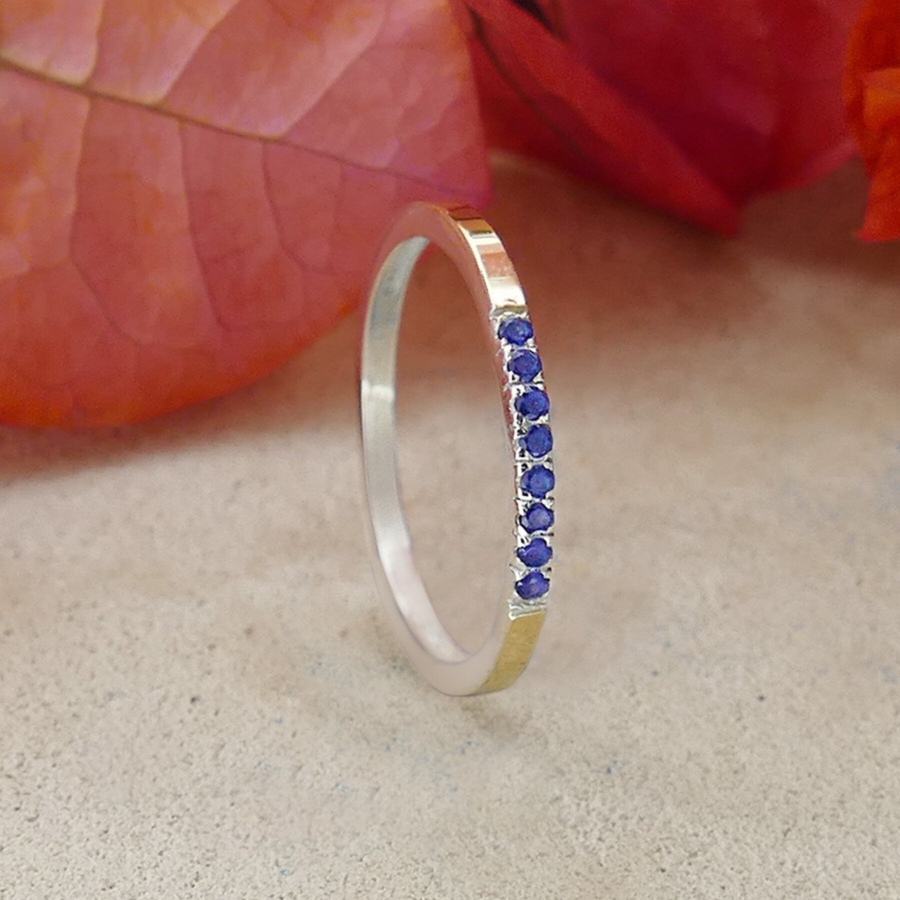 0.64 Carat Natural Blue Sapphire Gemstone Mixed metal ring Two Tone Solid 9k Yellow Gold&925 Sterling Silver Stackable Ring Engagement ring