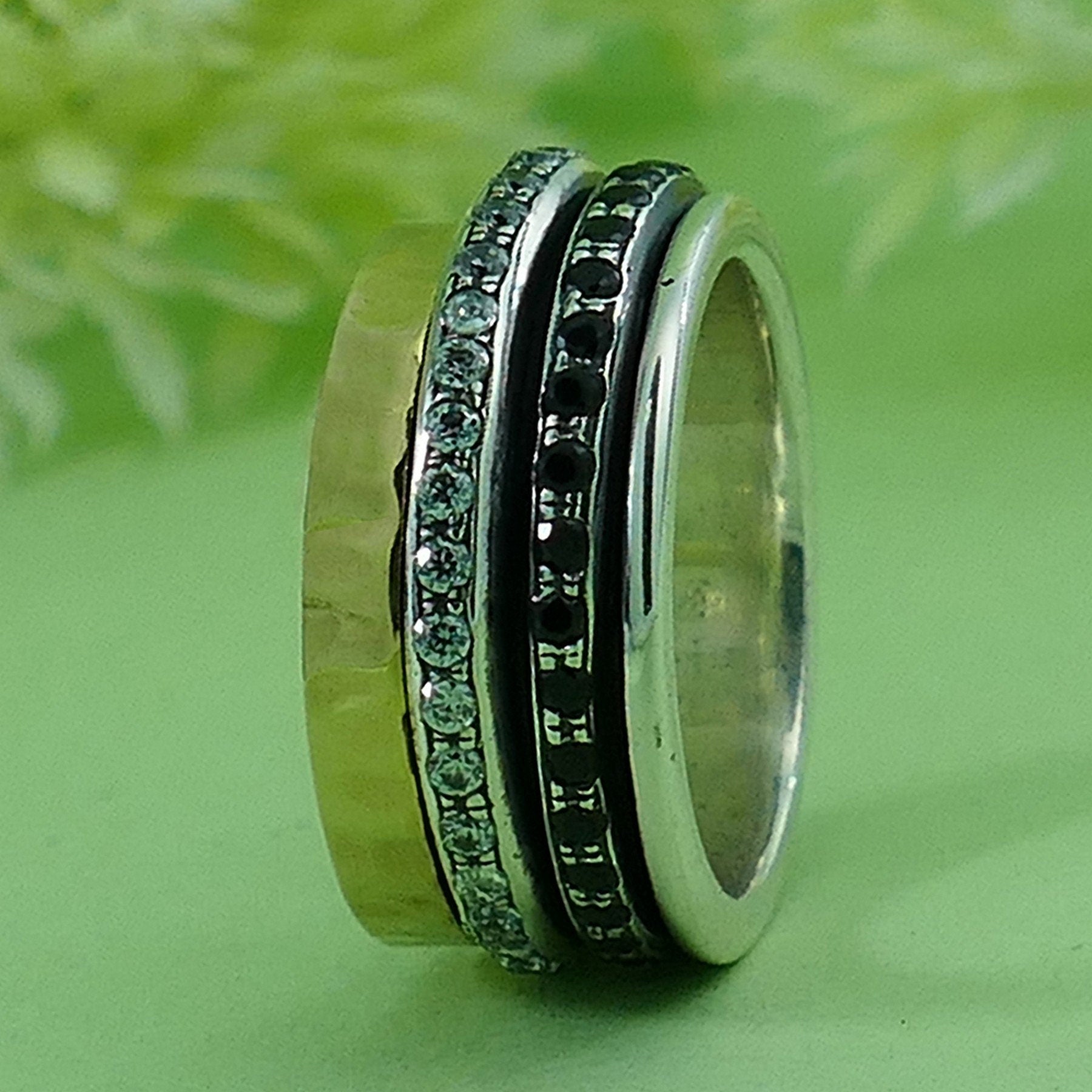 2.4 Carat Natural Black Spinel And White Cubic Zirconia Stones Two Tone Solid 9k Yellow Gold & 925 Sterling Silver Spinner Ring Set Setting