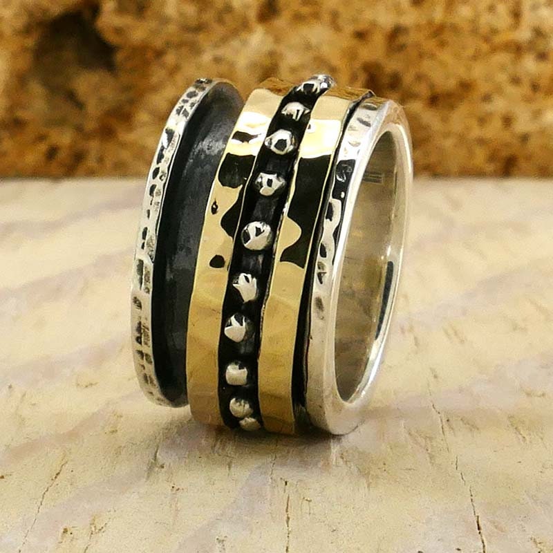 SPIRA Handcrafted Mixed metal Ring Two Tone Solid 9k Yellow Gold&925 Sterling Silver Spinner Ring,Oxidized Silver Fidget ring,Worry ring
