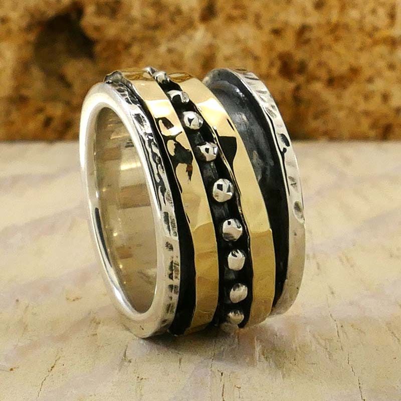 SPIRA Handcrafted Mixed metal Ring Two Tone Solid 9k Yellow Gold&925 Sterling Silver Spinner Ring,Oxidized Silver Fidget ring,Worry ring