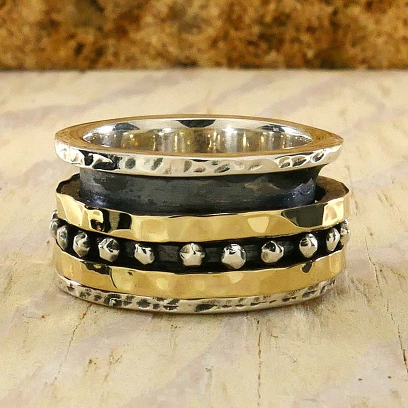 SPIRA Handcrafted Mixed metal Ring Two Tone Solid 9k Yellow Gold&925 Sterling Silver Spinner Ring,Oxidized Silver Fidget ring,Worry ring