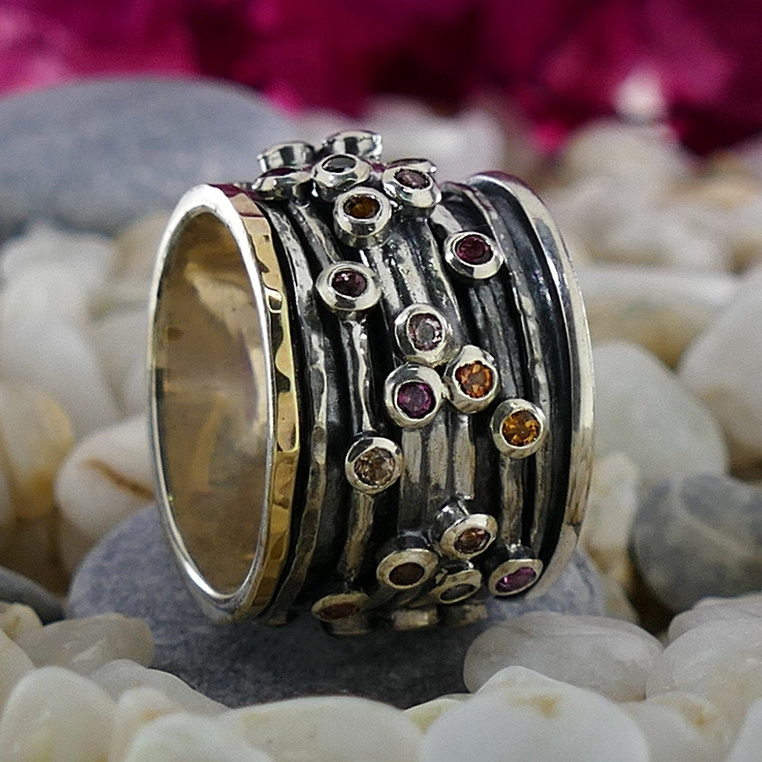 2.96 Carat Natural Multi-Color Tourmaline Gemstone Two Tone Solid 9k Yellow Gold&925 Sterling Silver Spinner Ring Set Setting, Gemstone rings for Women