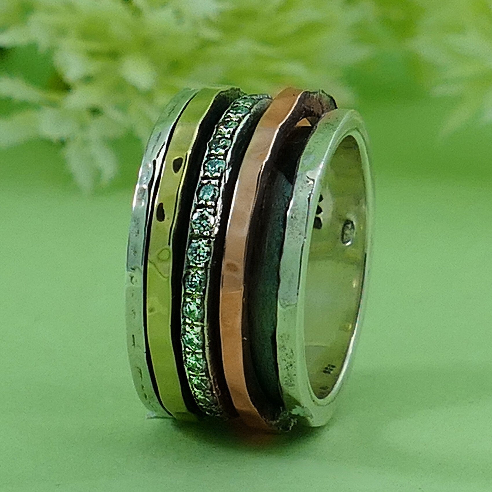 Mix Metal Ring Spinner Ring For Woman Cubic Zirconia Stone Two Tone Solid 9k Yellow/Rose Gold & 925 Sterling Silver Spinner Ring,Fidget ring