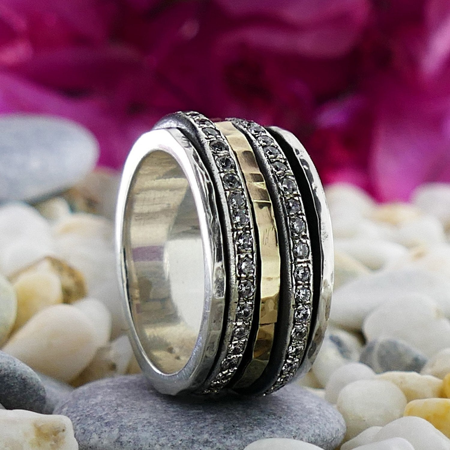 Mesmerizing Designs: Unique Two Tone Silver Spinner Ring with Gold & Cubic Zirconia