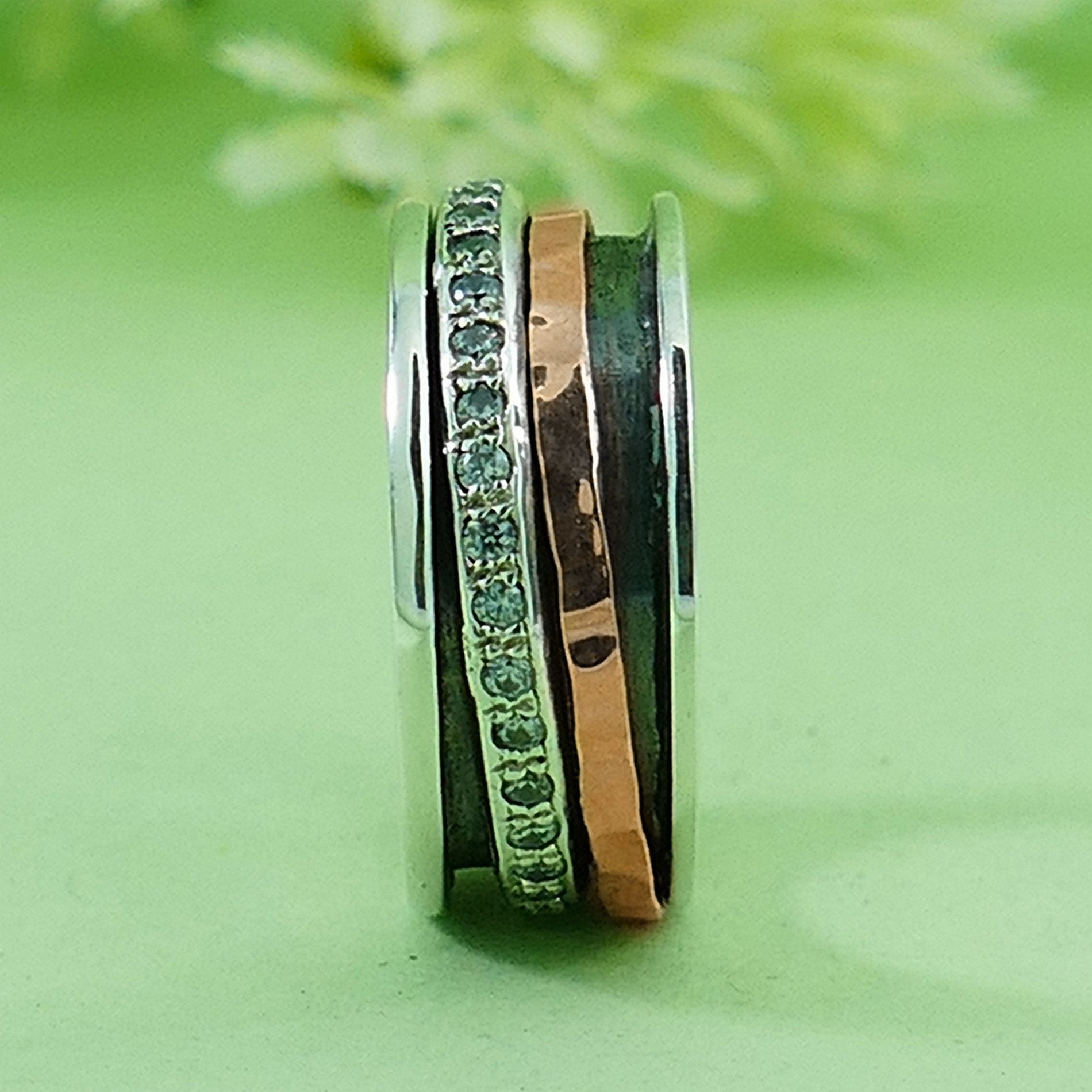 Mixed metal Ring 3.2 Carat White Cubic Zirconia Stone Two Tone Solid 9k Rose Gold & 925 Sterling Silver Spinner Ring Hammered Silver Ring