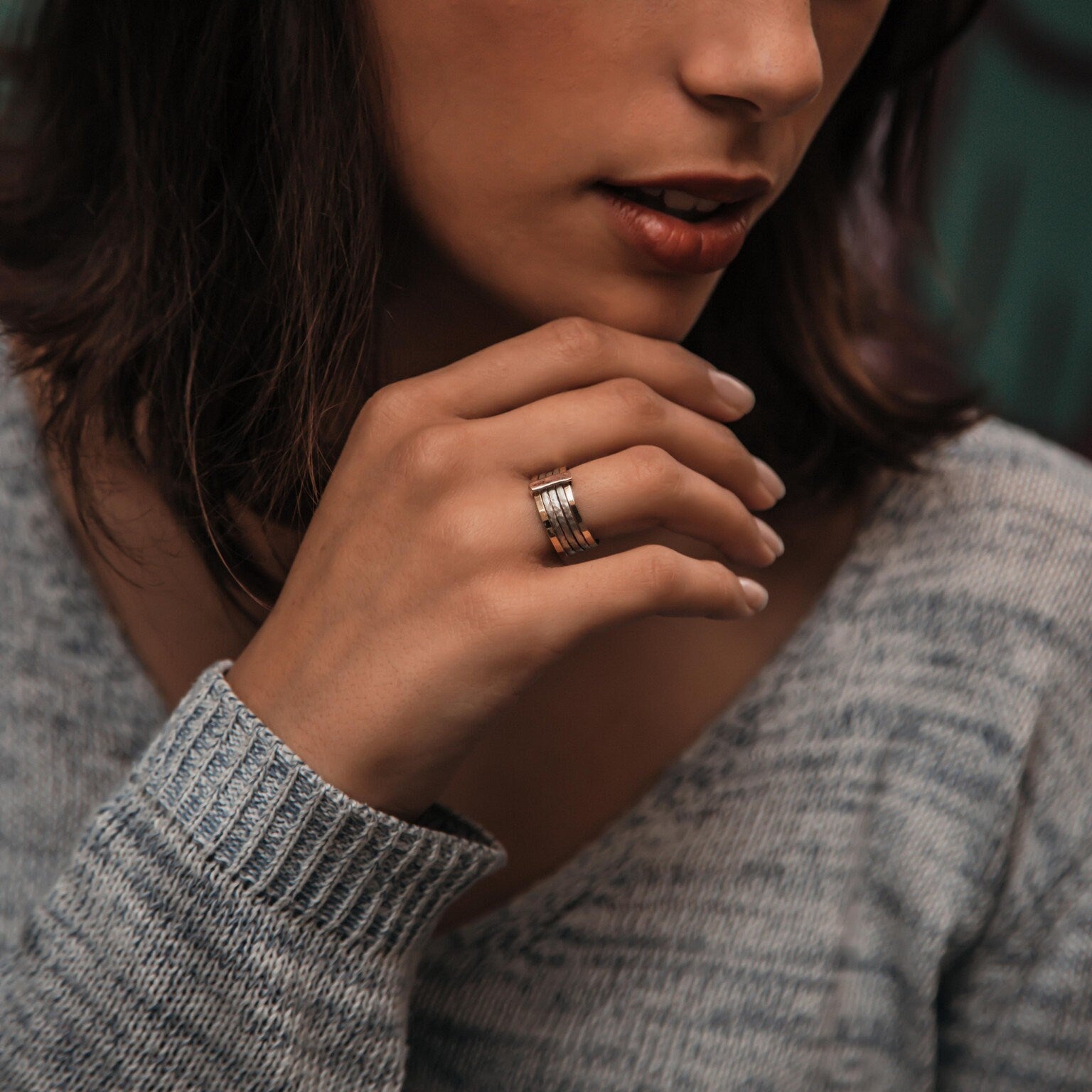 SPIRA Handcrafted Contemporary Design Two Tone Solid 9k Yellow & Rose Gold And 925 Sterling Silver Stackable Ring, Gypsy ring, Bohemian ring