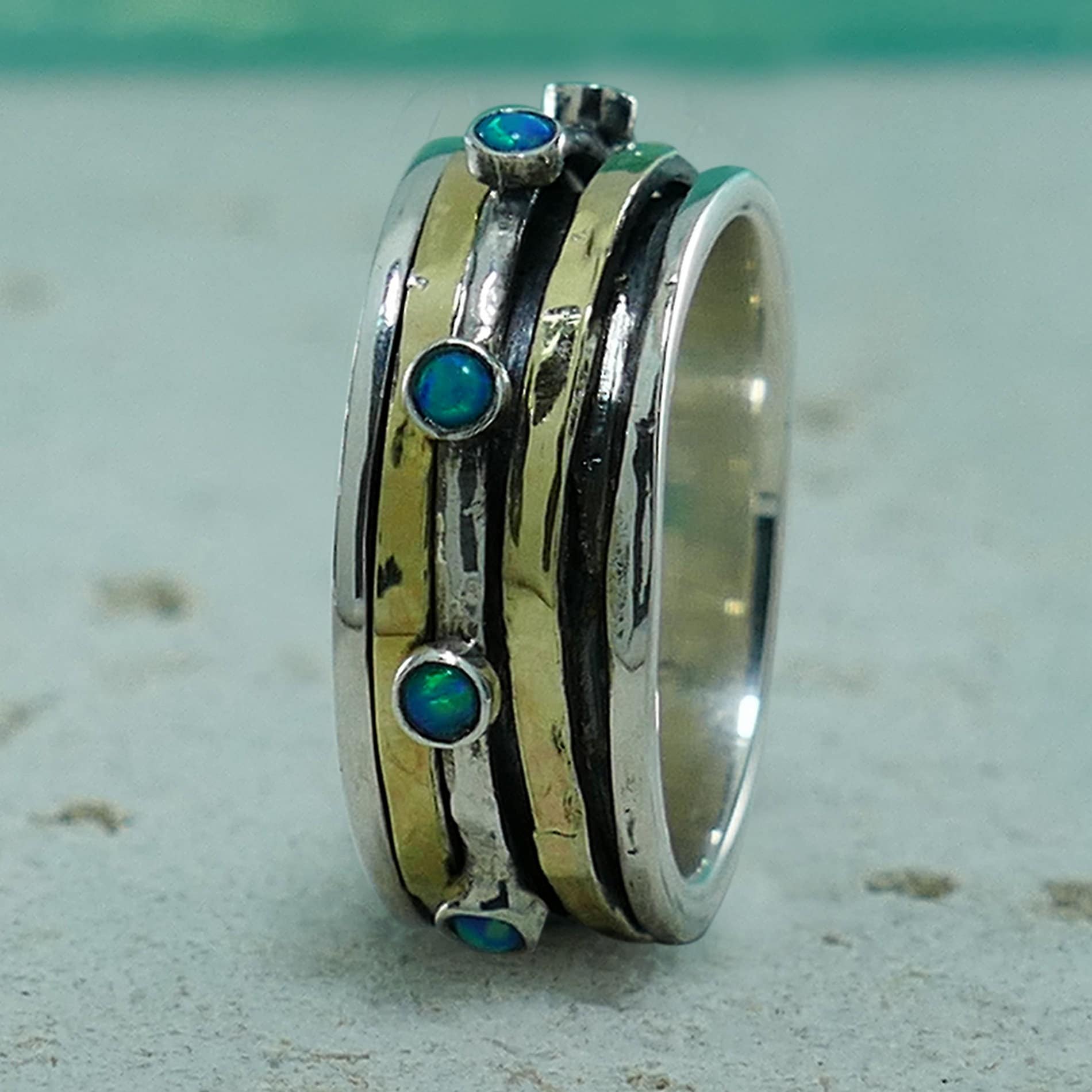 Colorful Spin: Opal Gemstone Two-Tone Spinner Ring