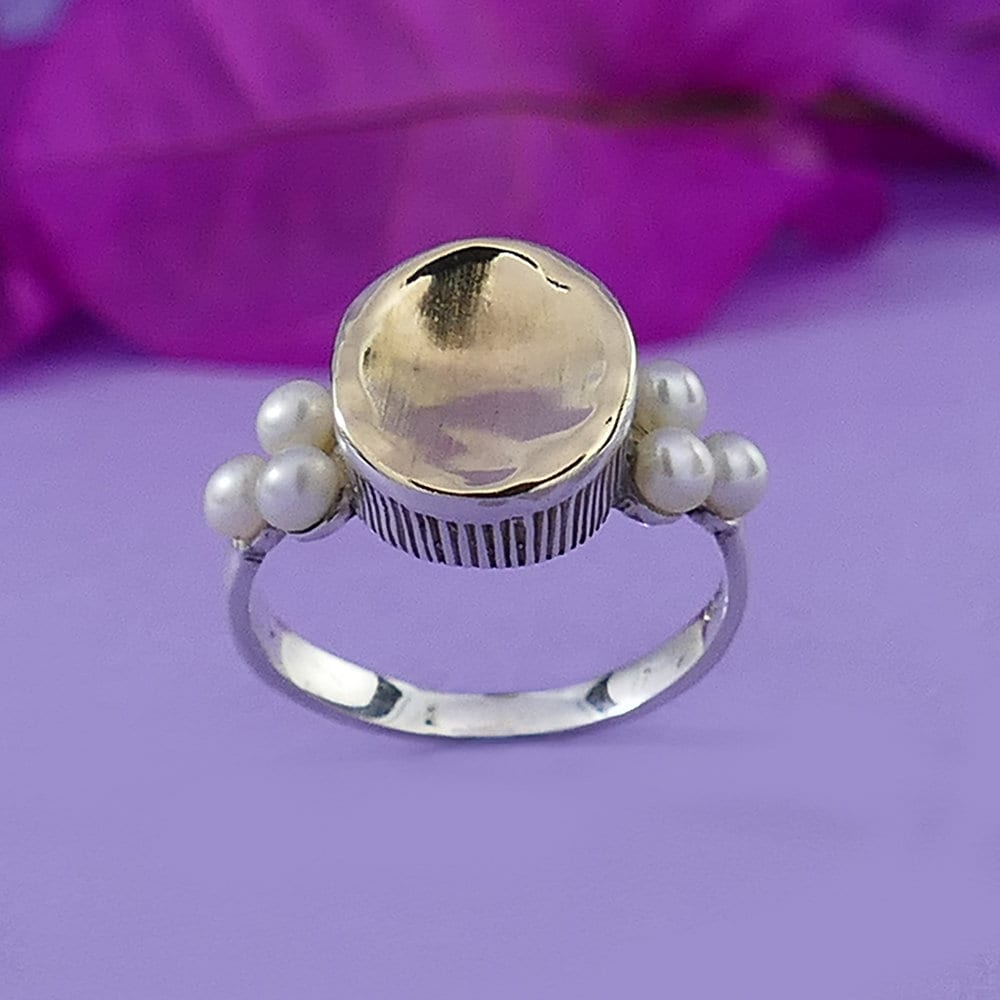 0.9 Carat Natural White Pearl Gemstone Two Tone Solid 9k Yellow Gold & 925 Sterling Silver Solitaire with Accents Ring Setting Gemstone ring