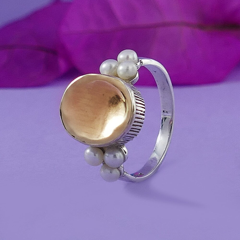 0.9 Carat Natural White Pearl Gemstone Two Tone Solid 9k Yellow Gold & 925 Sterling Silver Solitaire with Accents Ring Setting Gemstone ring