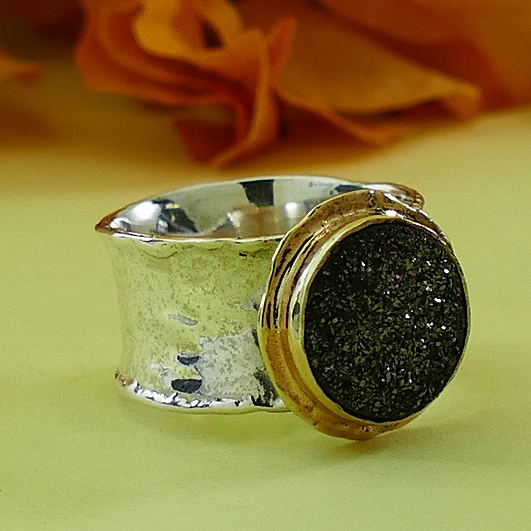 Druzy Mixed Metal Ring 4.4 Carat Gray Agate Druzy Stone Two Tone Solid 9k Yellow Gold & 925 Sterling Silver Solitaire Ring Set Gemstone ring