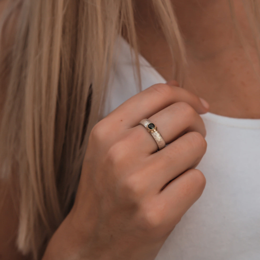 Mixed Metal Ring Natural Green Tourmaline Gemstone Two Tone 9k Gold & 925 Sterling Silver Hammered Silver Ring Engagement Ring