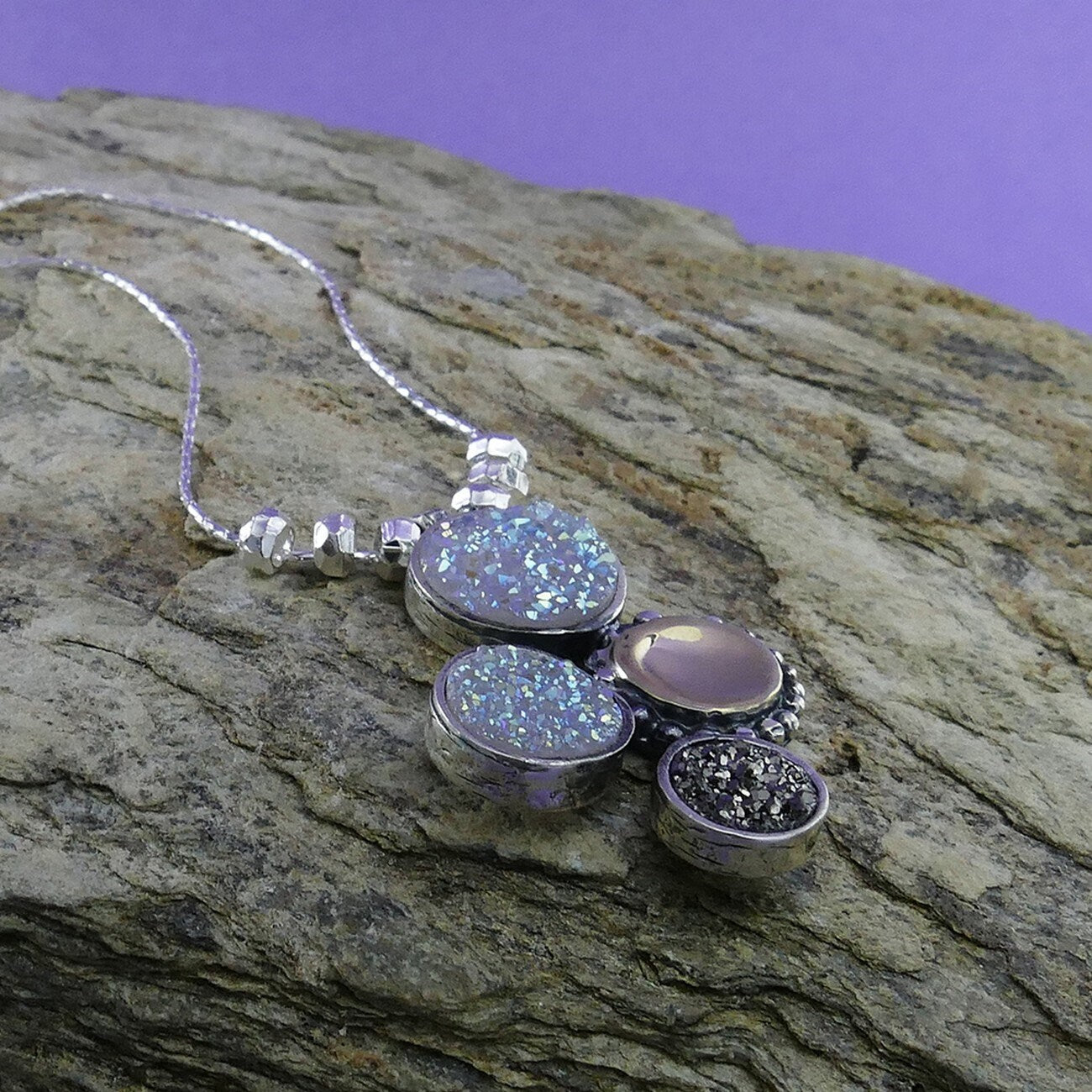 Two Tone Solid 9k Yellow Gold And 925 Sterling Silver White & Gray Agate Druzy Stones Pendant Chain Fast N Free Shipping!