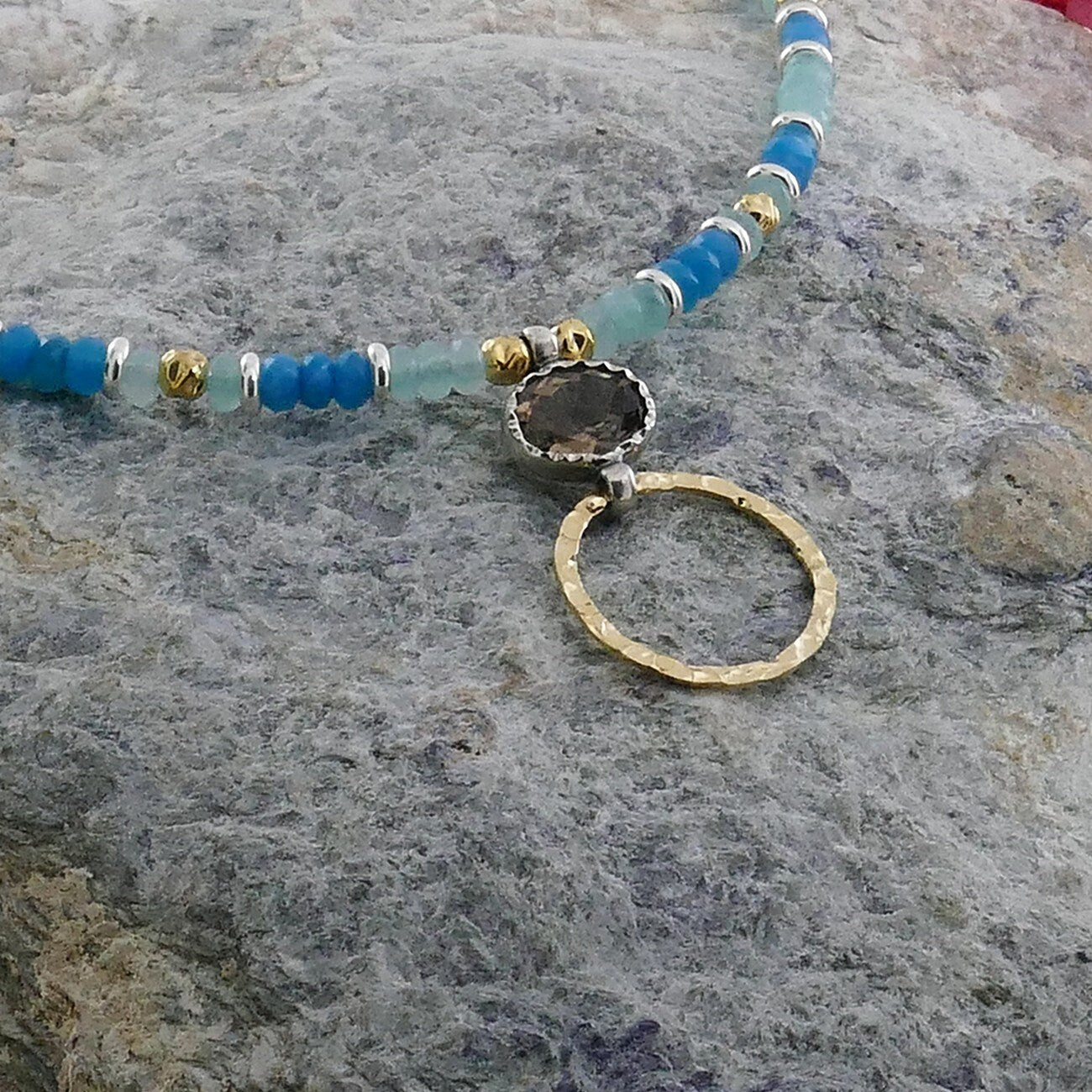 Natural Green Jade Gemstones Beaded Necklace 925 Sterling Silver 14 karat Yellow Gold Filled Natural Brown Smoky Quartz pendant