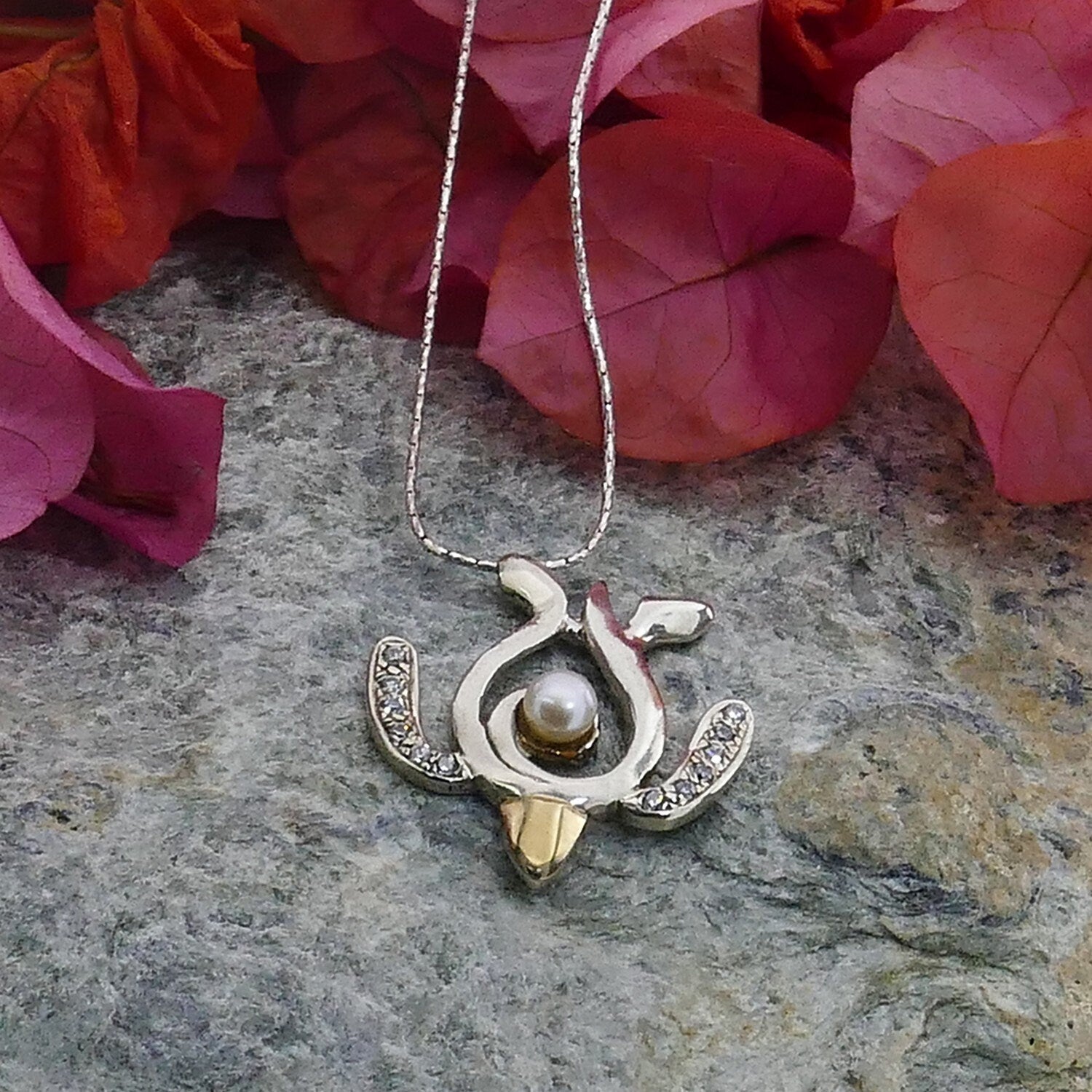 Two Tone Solid 9k Yellow Gold And 925 Sterling Silver Natural White Pearl & White Cubic Zirconia Stones Pendant Chain Mixed Metal Necklace