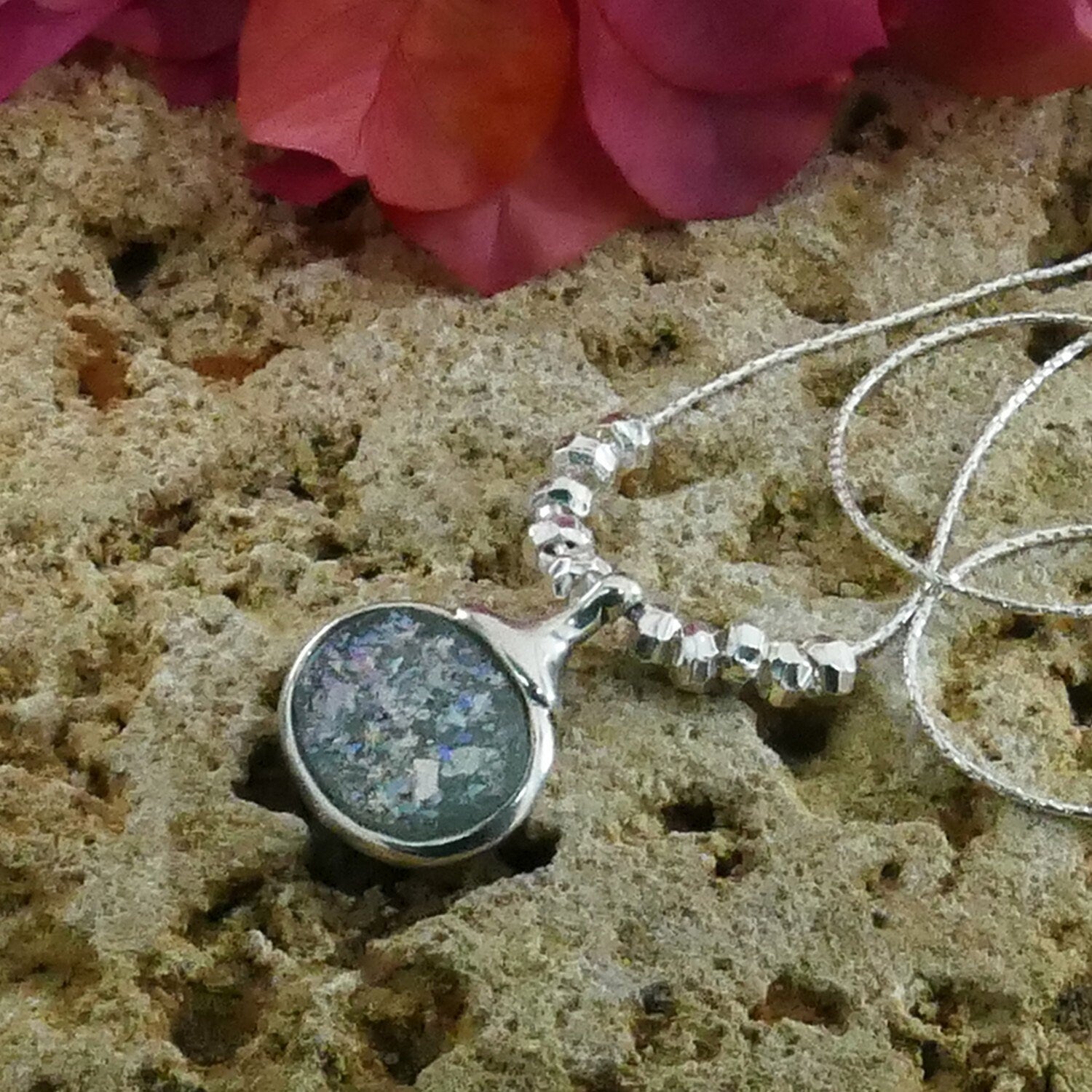 SPIRA Handcrafted 925 Sterling Silver Green Roman Glass Pendant - Boho Chic Rope Chain Necklace