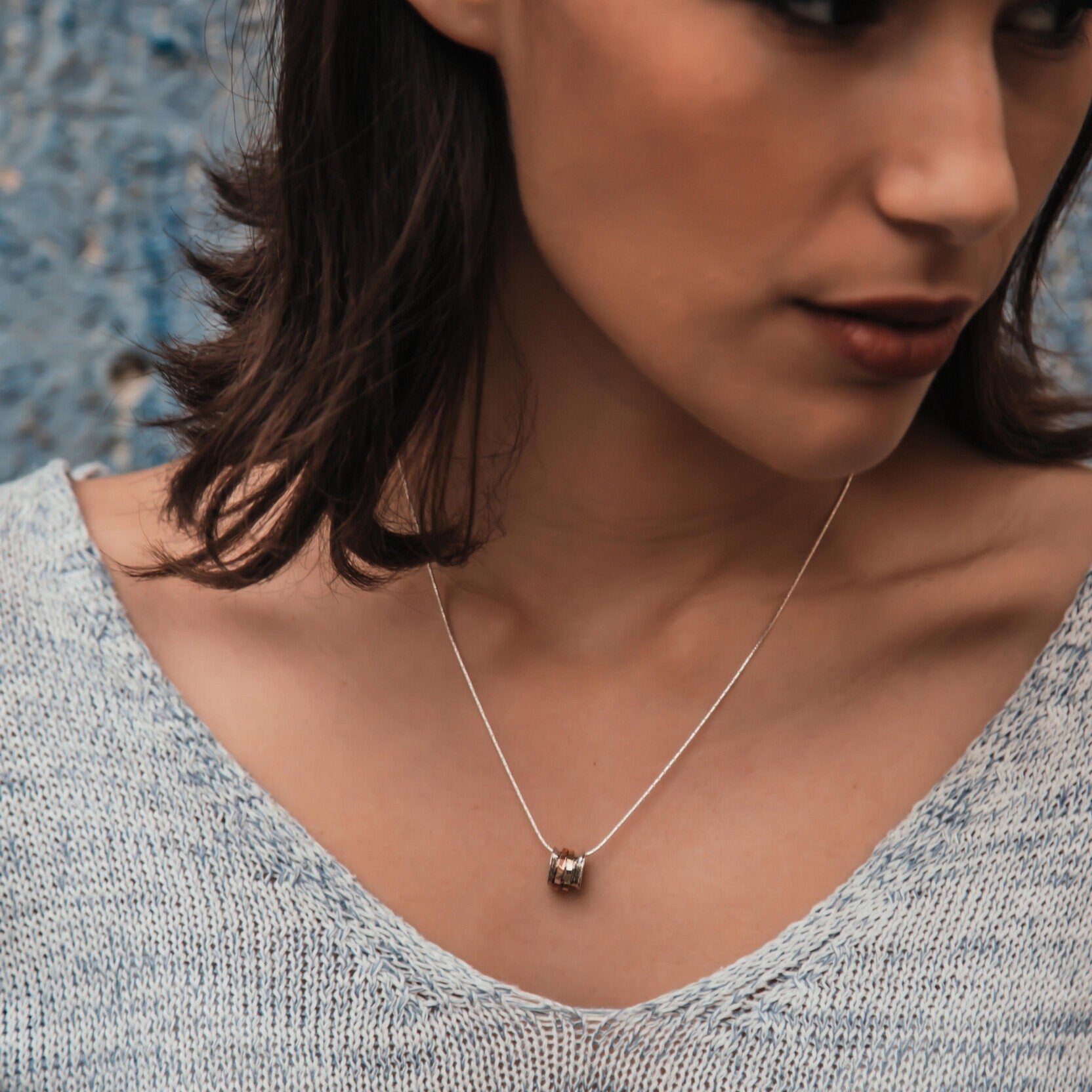 SPIRA Handcrafted Two Tone Solid 9k Yellow & Rose Gold 925 Sterling Silver Rope Spinning Pendant Chain Woodland Necklace, Oxidized Necklace